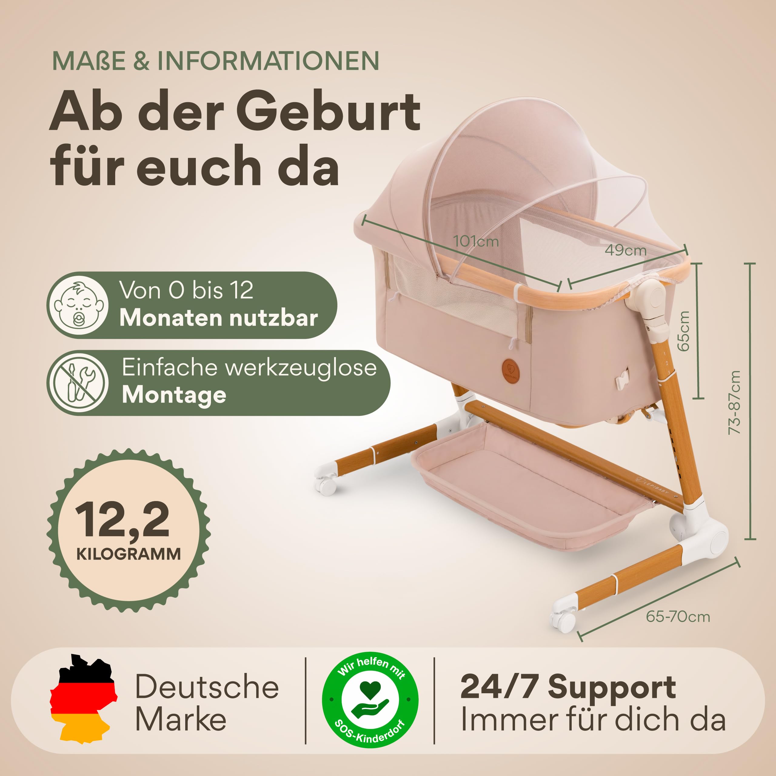MaliDa Babybett mit Rollen | Beistellbett Baby Boxspringbett | Stubenwagen Höhenverstellbar mit Wiegefunktion | Reisebett Baby mit Matratze | Bett, Babywiege, Crib, Bassinet, Bed | Hell