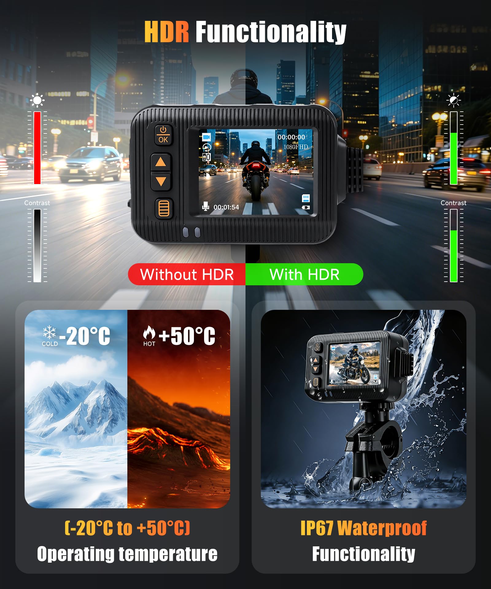 VECHTEL Caméra de tableau de bord de moto avant et arrière 1080p, écran HD 2", double caméra pour moto, étanche, enregistrement en boucle, capteur G intégré, télécommande et carte SD de 32 Go