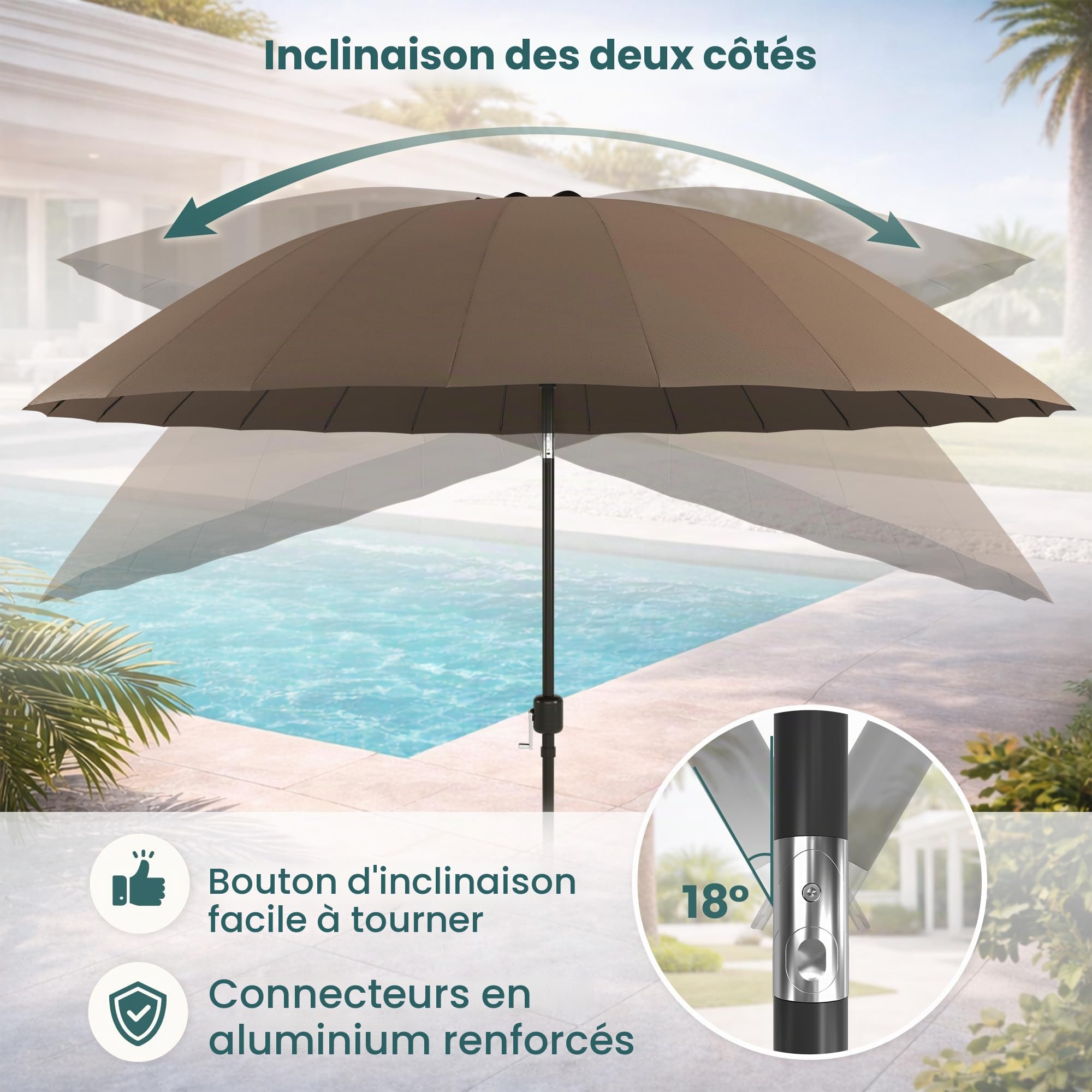 Pamapic Parasol de jardin, parasol de terrasse de 3 m avec manivelle pour ouvrir et fermer la protection UV, 24 baleines robustes