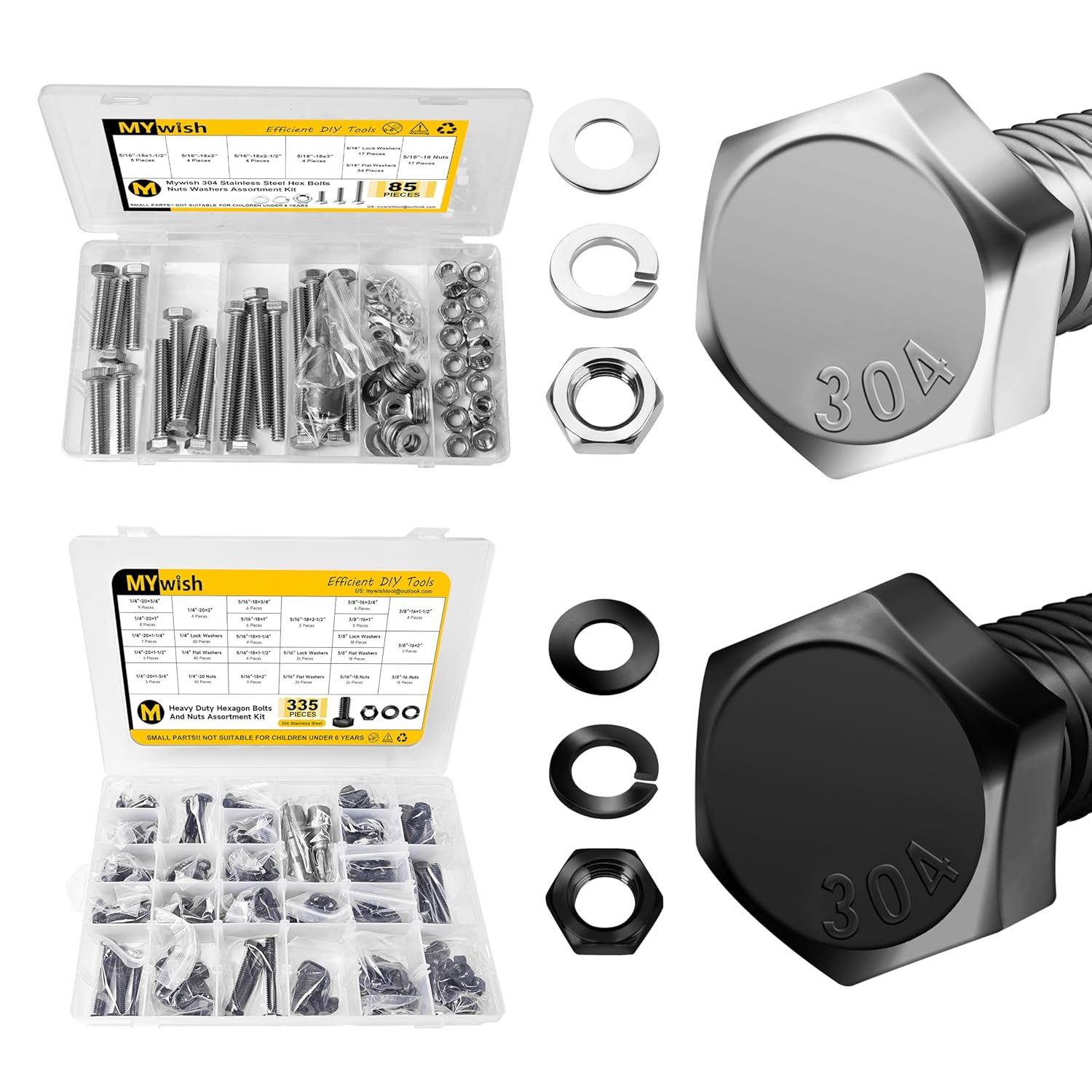 Mywish 85Pcs 5/16-18 Bolts and Nuts Kit & 355PCS Black Hex Head Nuts and Bolts Assortment Kit, 304 Stainless Steel Bolts and Nuts Kit with Flat Spring Washers with Drill Bits, Fully Threaded