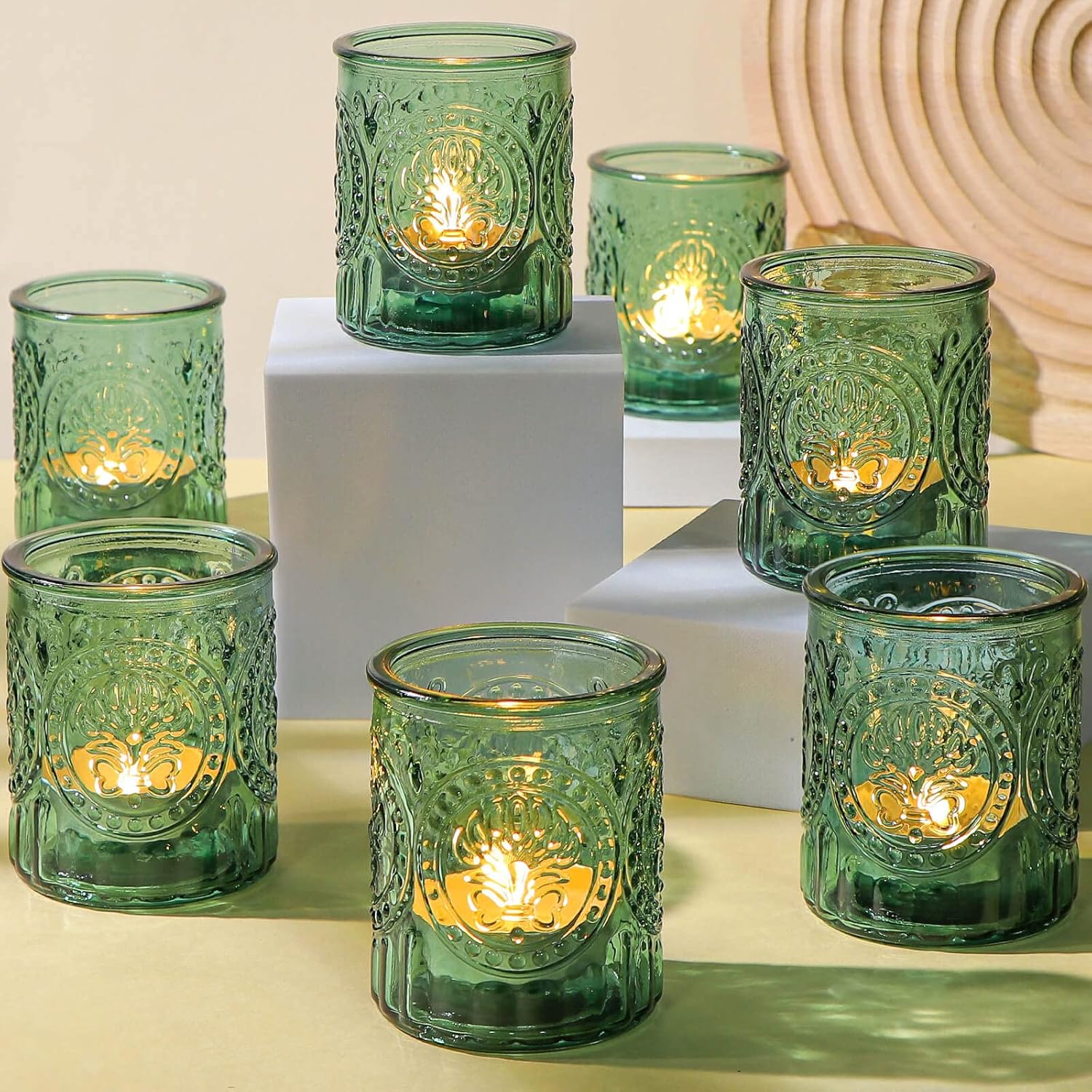 Simeitol 12PCS Green Votive Candle Holders Glass, Vintage Tealight Candle Holders