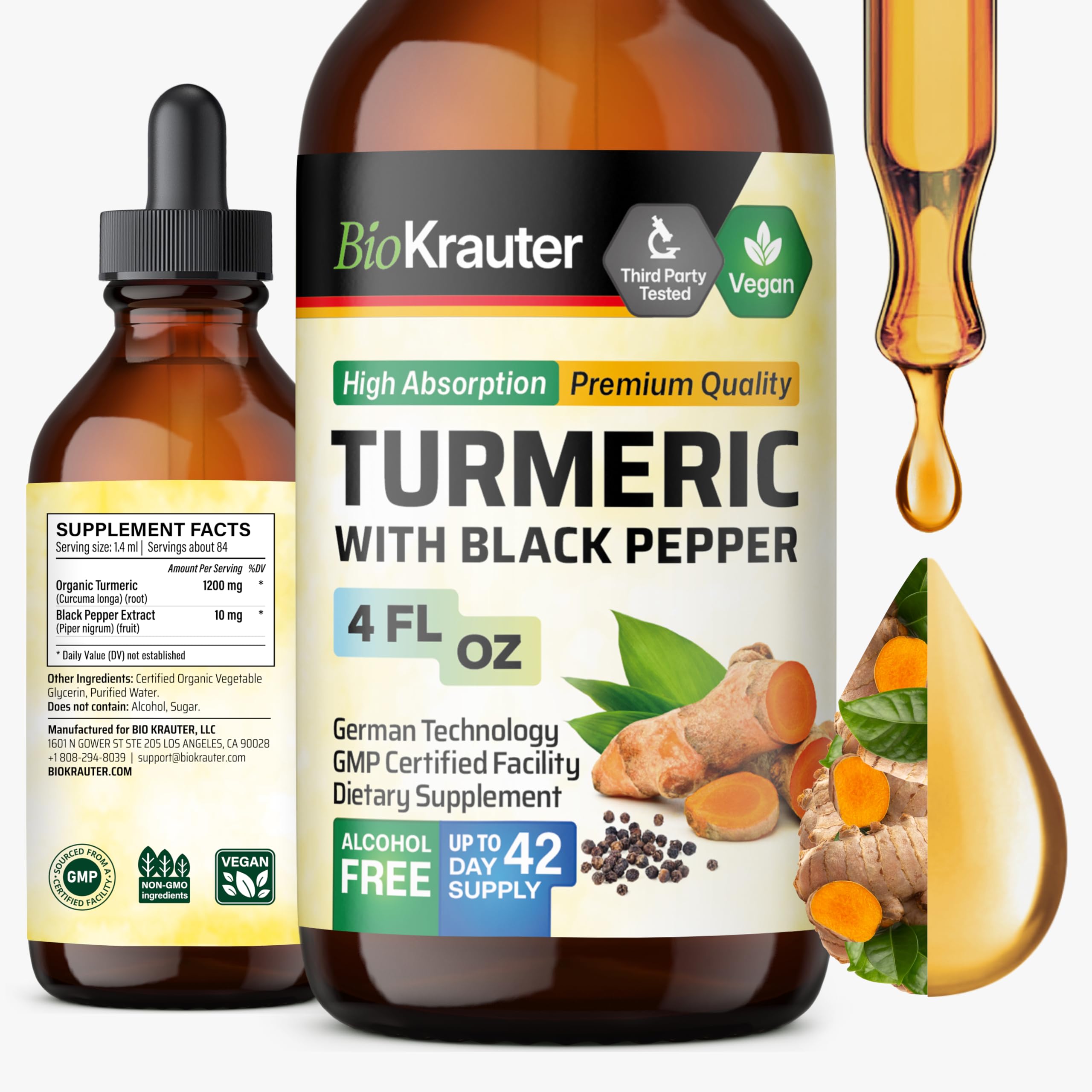 BIO KRAUTER Turmeric Supplement Tincture - 1200 mg Turmeric Curcumin with Black Pepper Extract - Alcohol and Sugar Free - Vegan Drops 4 Fl.Oz.