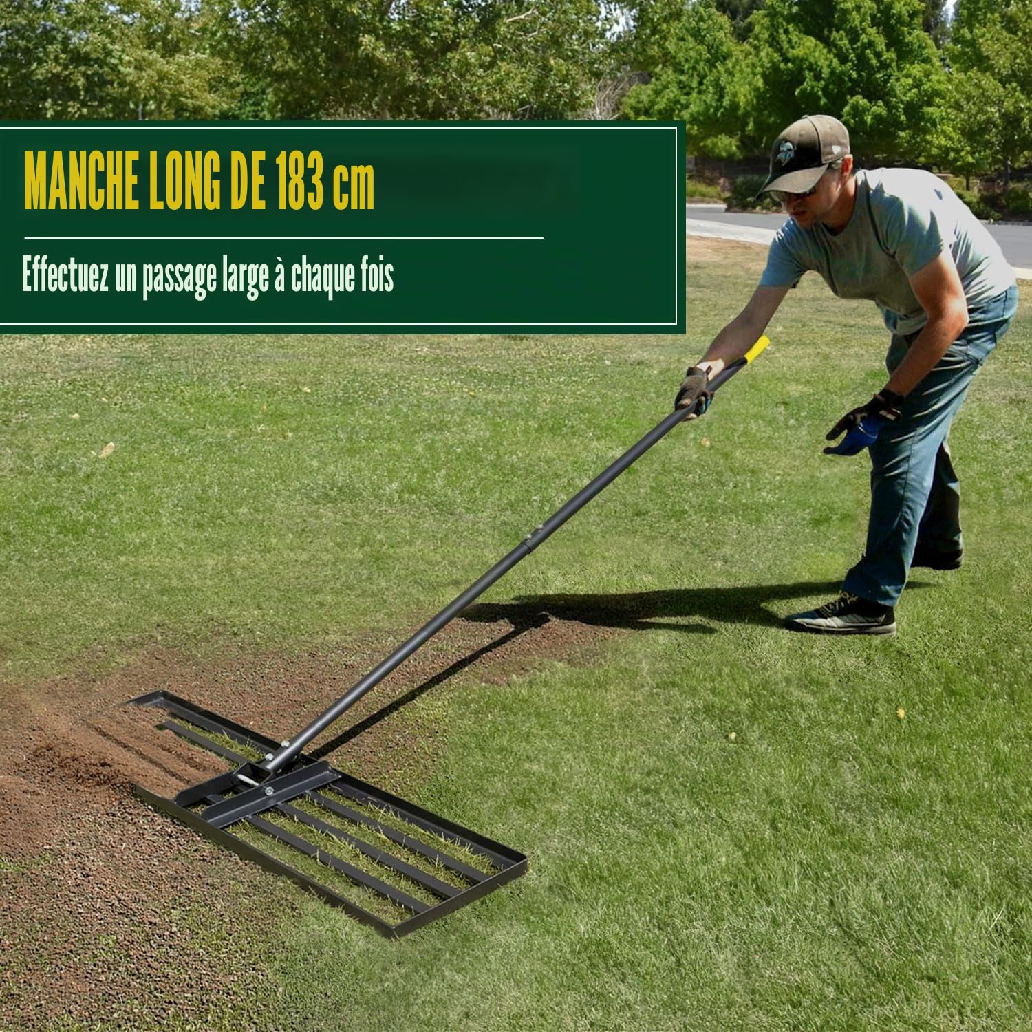 Jardineer Râteau de nivellement de pelouse robuste de 91,4 cm, manche de 183 cm de long pour gazon et sol, outil de nivellement de terre pour pelouse, jardin, entretien de terrain de golf