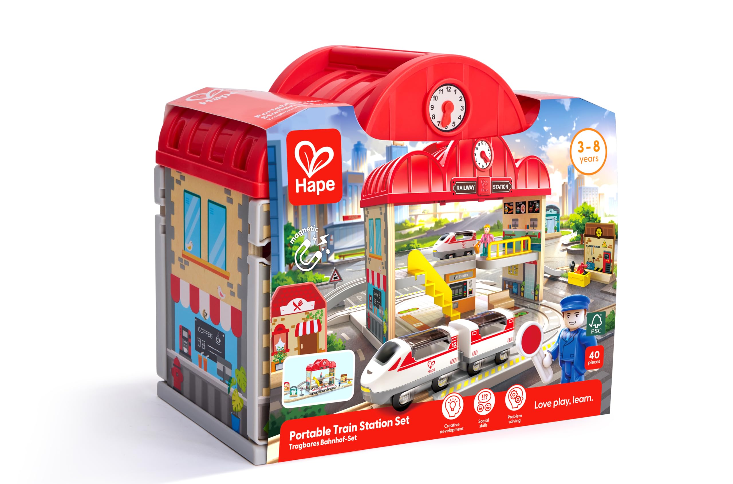 Estación de Tren de Madera portátil de Hape | Juego de Tren para niños | Vías, estación y Personajes | Fácil de Transportar