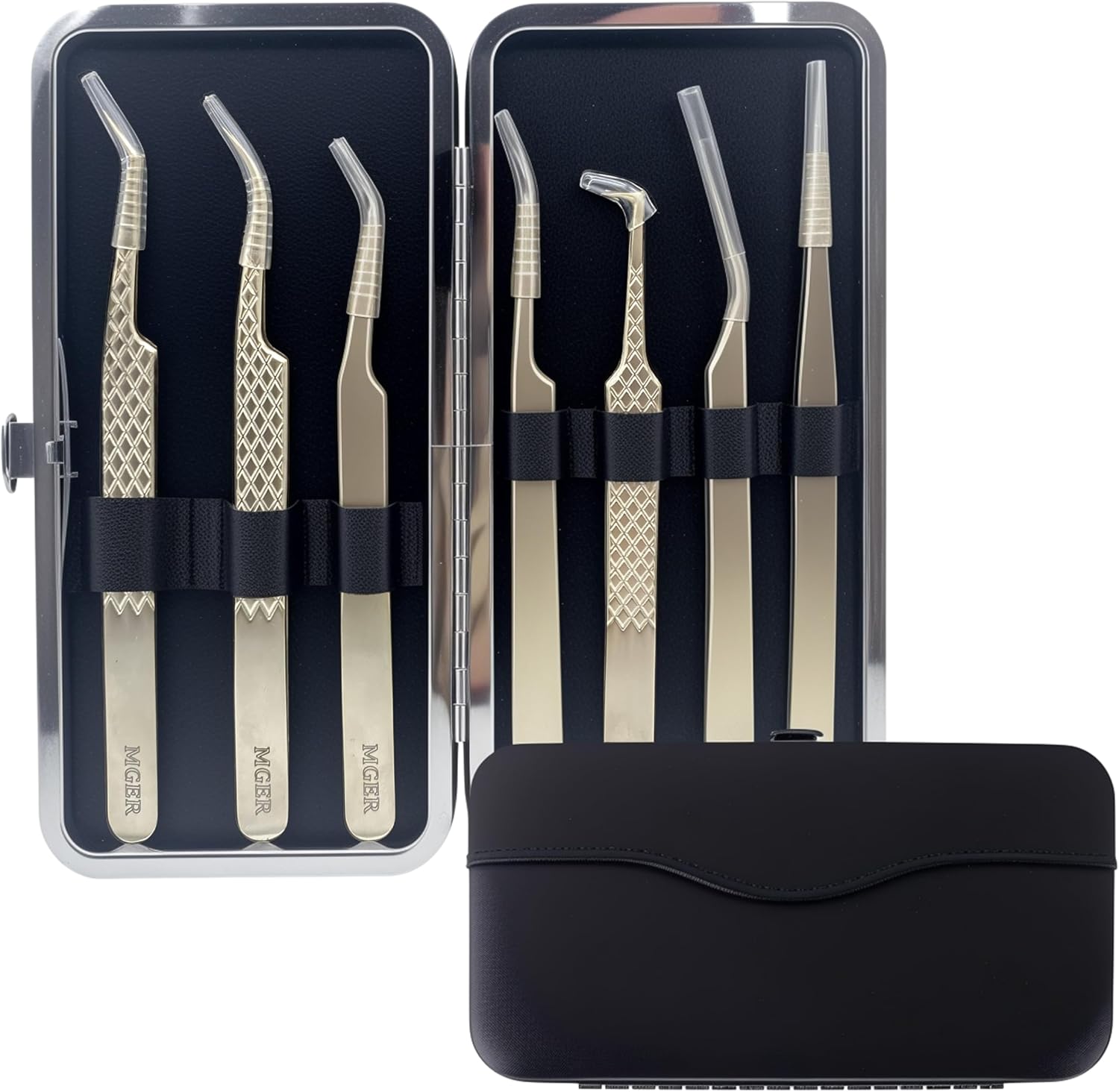 MGER Lash Tweezers for Eyelash Extensions,Diamond Grip 90 Degree Fiber Tip Volume Lash Extension Tweezers,Gold (7Pcs Tweezers Set)
