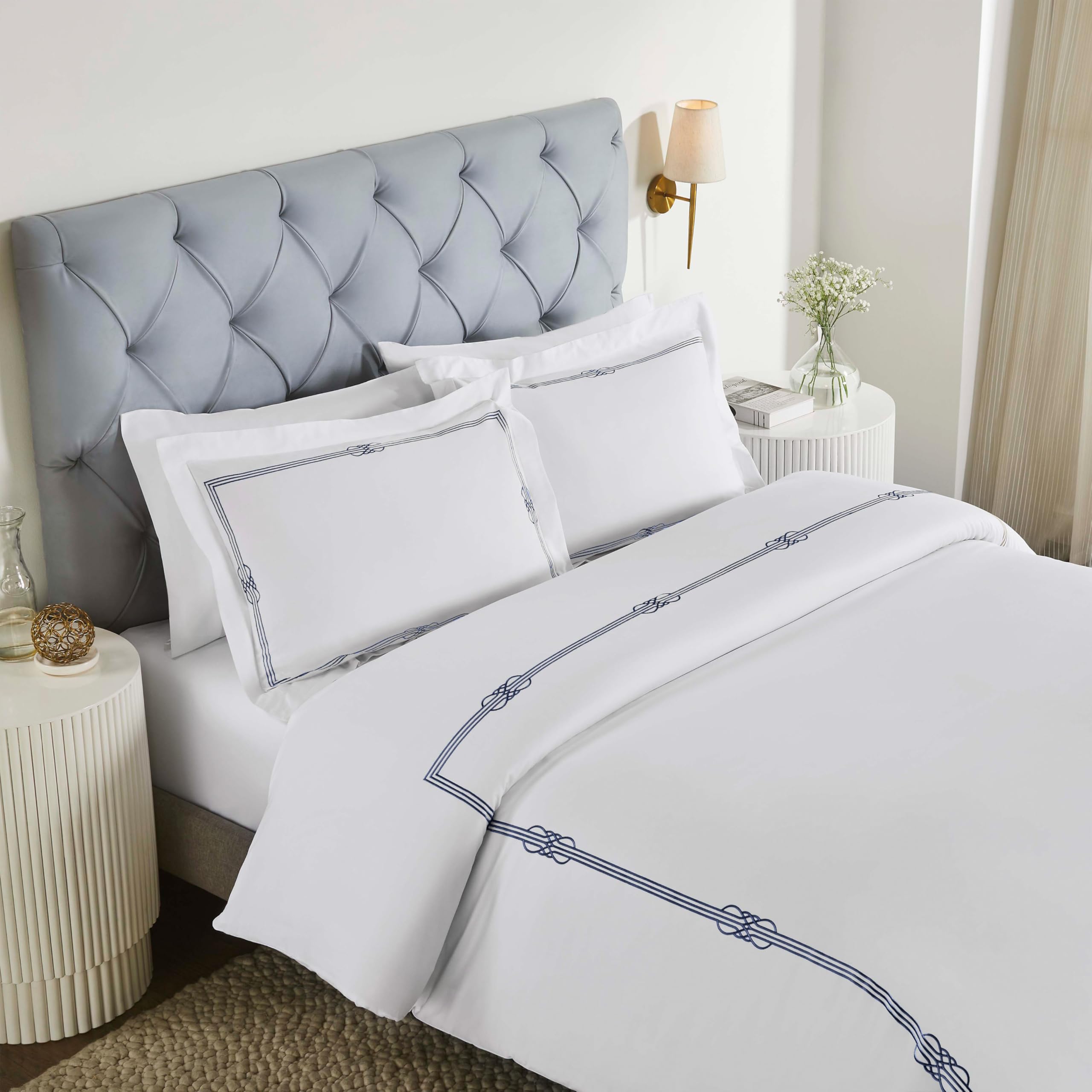 Housse de couette avec fermeture à boutons en coton parure de lit brodée blanche