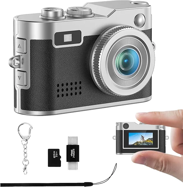 Mini Keychain Camera - 1080P FHD Mini Retro Digital Camera - Tiny Portable Small Cameras Vintage Compact Micro Cameras - Pocket Video Recorder with 16GB Card, OTG Adapters for Travel Study Recording