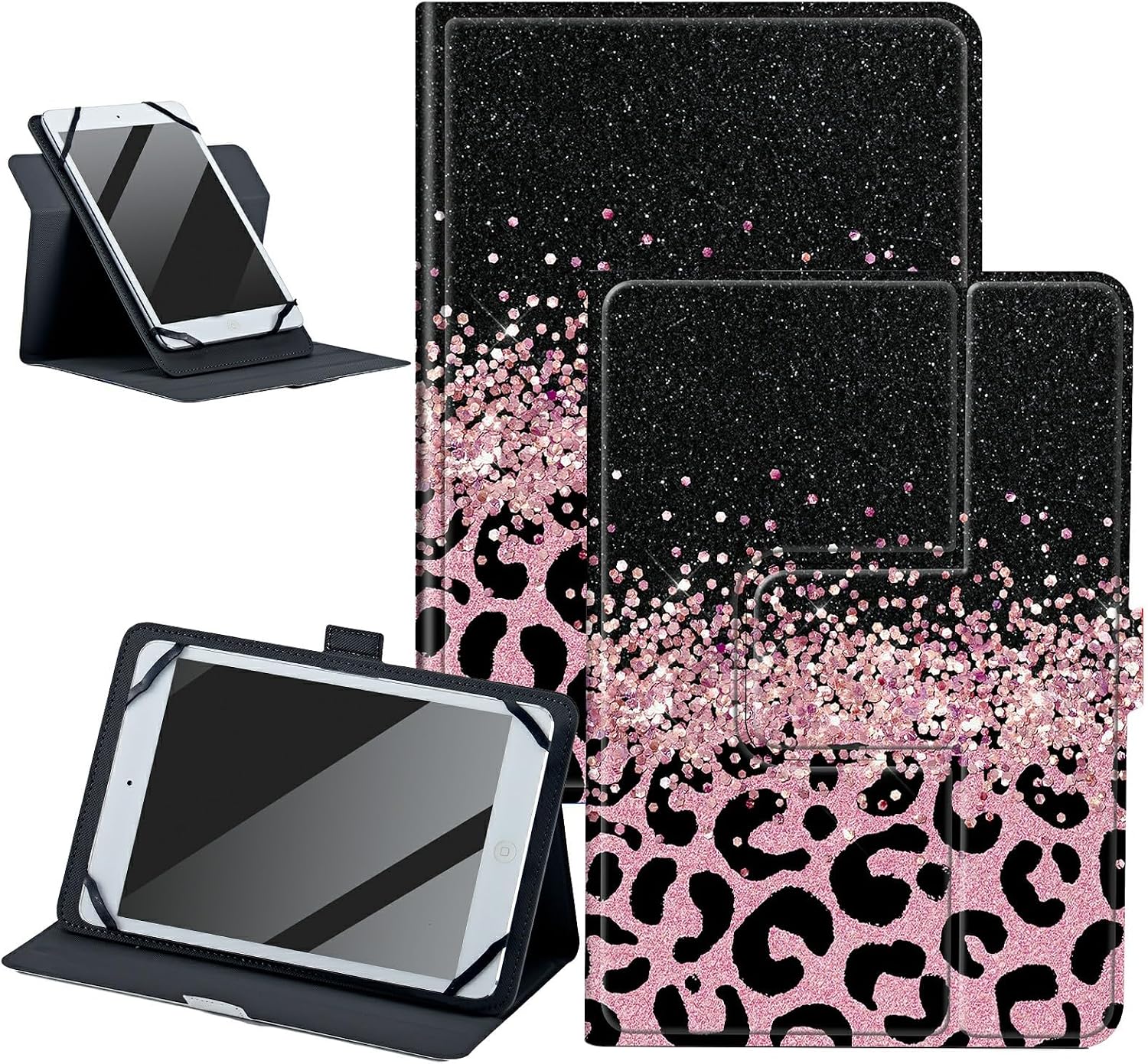 Pink Glitter Leopard Universal Case for 10.5-11.5 inch Tablet, 360 Degree Rotatable Adjustable Kickstand PU Leather Cover Case for All Kinds of 10.5-11.5 inch Android/iOS/Windows Tablet