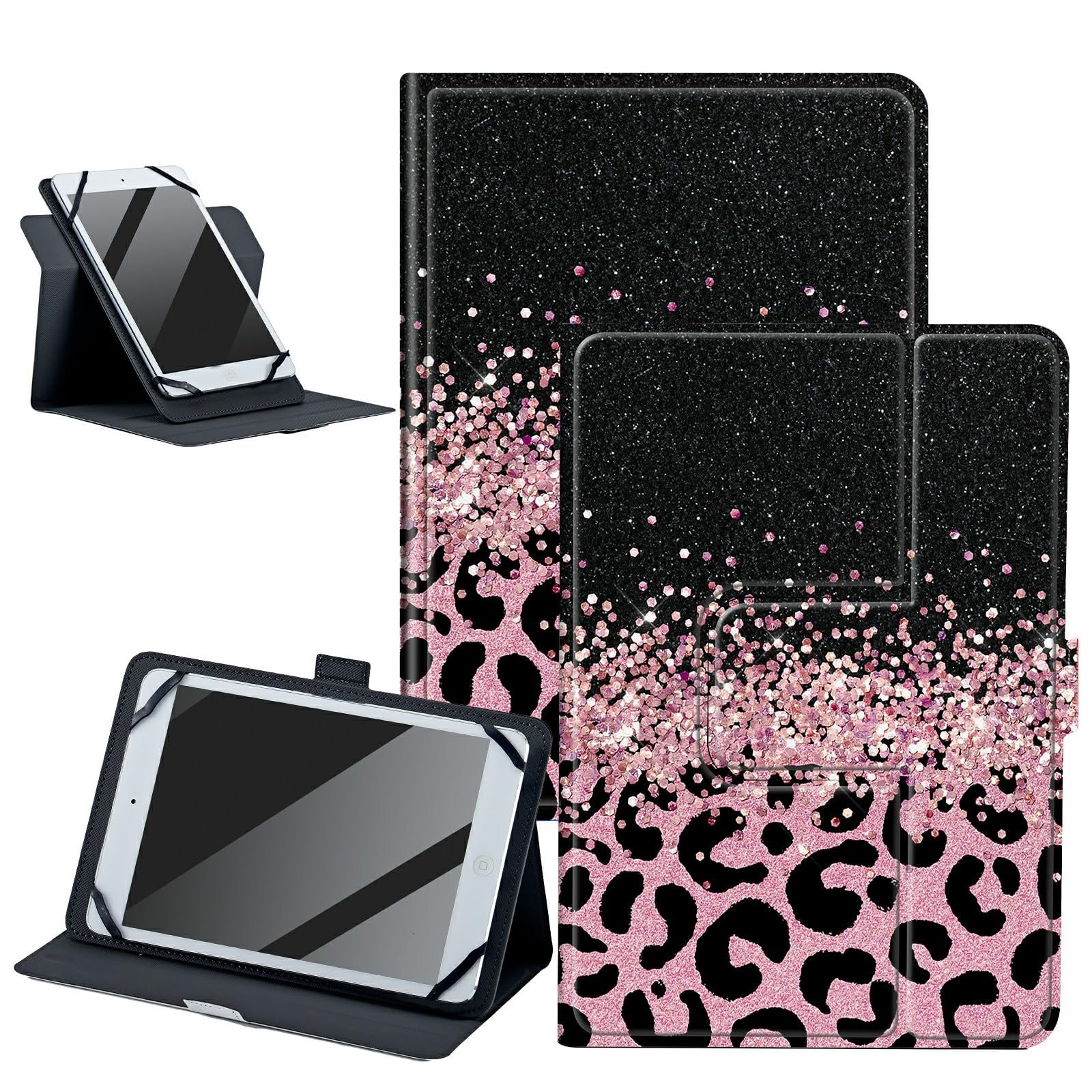 Pink Glitter Leopard Universal Case for 9.0-10.5 inch Tablet, 360 Degree Rotatable Adjustable Kickstand PU Leather Cover Case for All Kinds of 9.0-