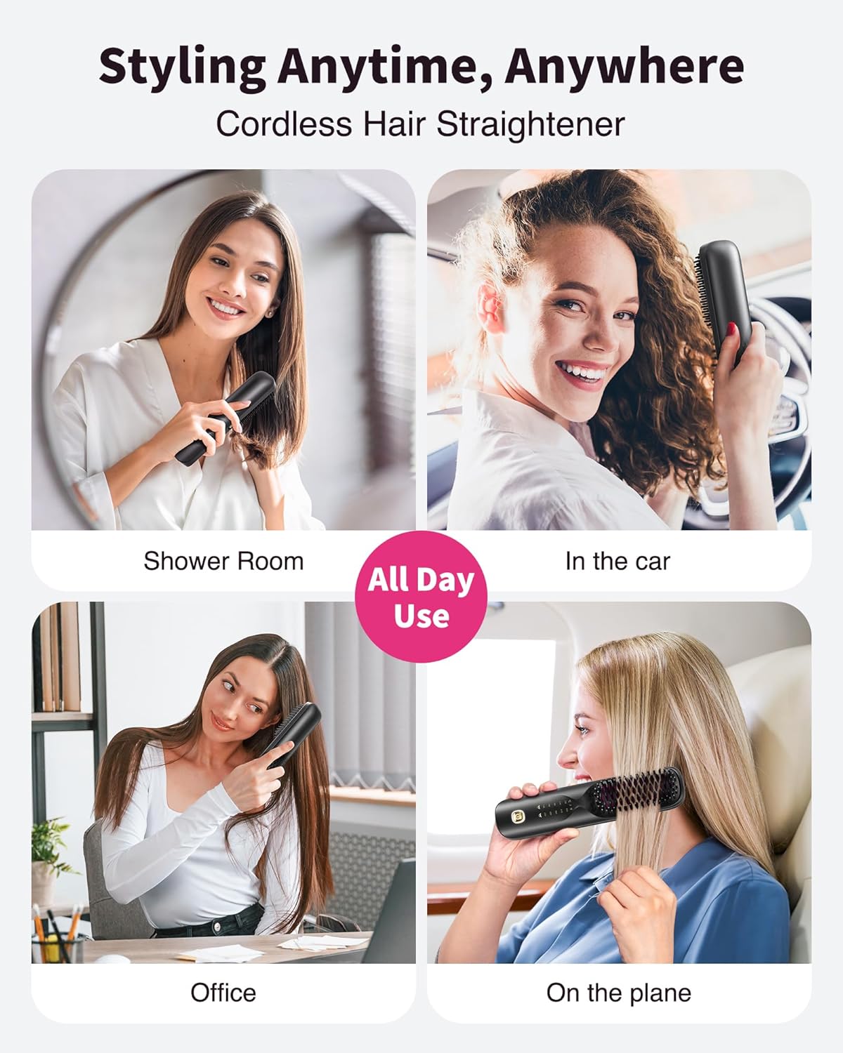 Cordless Hair Straightener Brush - Portable Hair Straightening Brush for Travel - 300M Negative Ions for Frizz-Free Shine, Touch Up On-The-Go, Fast Heating, Gift for Women, 10,000mAh (Raven Black)