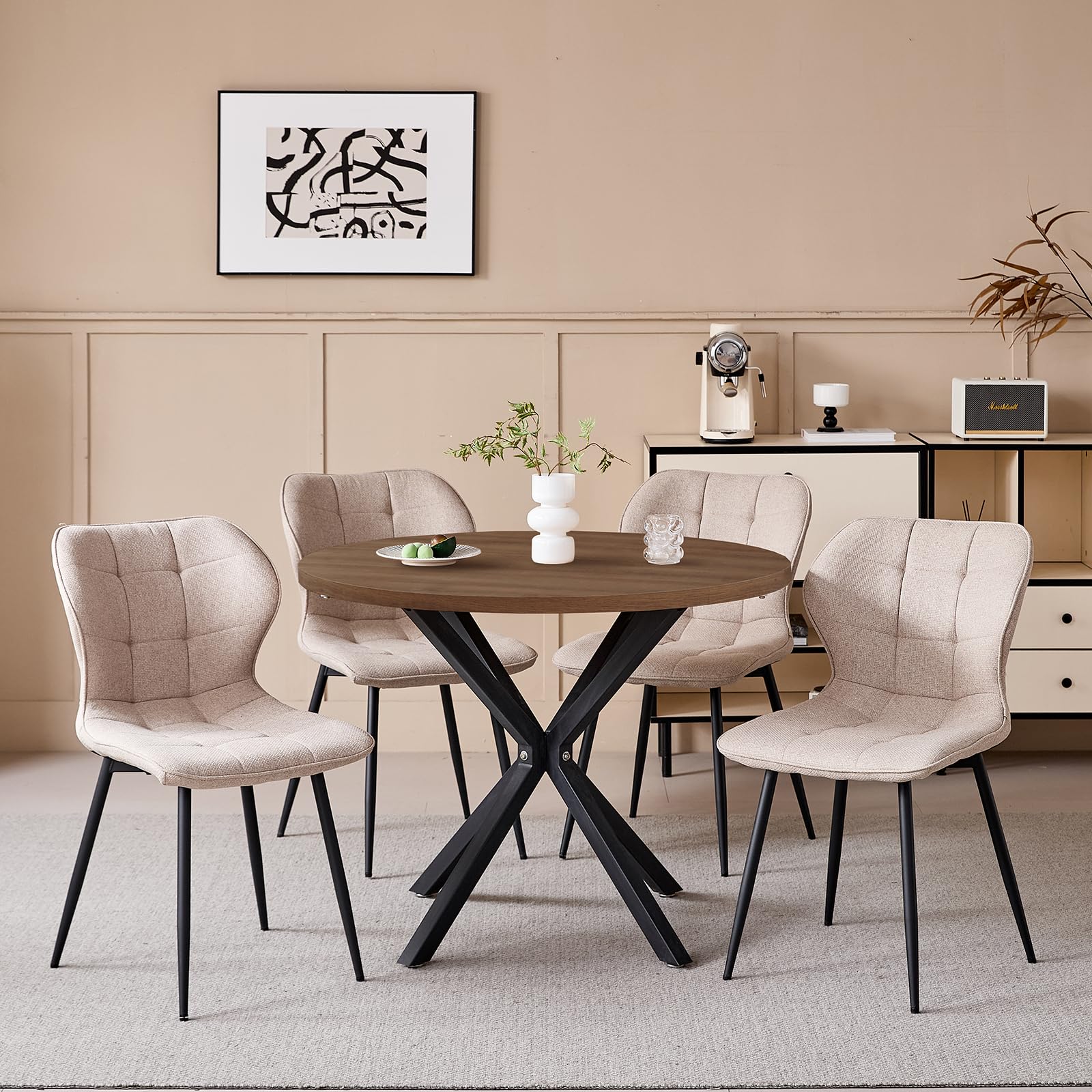Set Tavolo e Sedie da Pranzo Nordico, Tavolo da Pranzo Rotondo da 100 cm con Venature del Legno Chiaro + Set di 4 Sedie da Pranzo in Lino Kaki con Gambe in Metallo