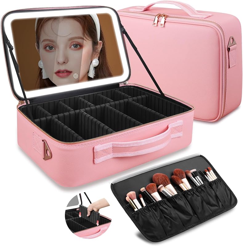 Maleta de maquiagem saiggnyy com espelho LED removível, divisórias ajustáveis e suporte para pincéis, Rosa