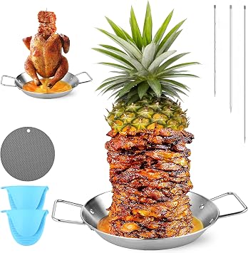 10 Inch Al Pastor Skewer for Grill, Stainless Steel Vertical Skewer Pan Vertical Rotisserie with 3 Removable Barbecue Skewers 8" 10" 12" Gloves and Mat for Tacos Al Pastor Shawarma Grill Oven Smoker