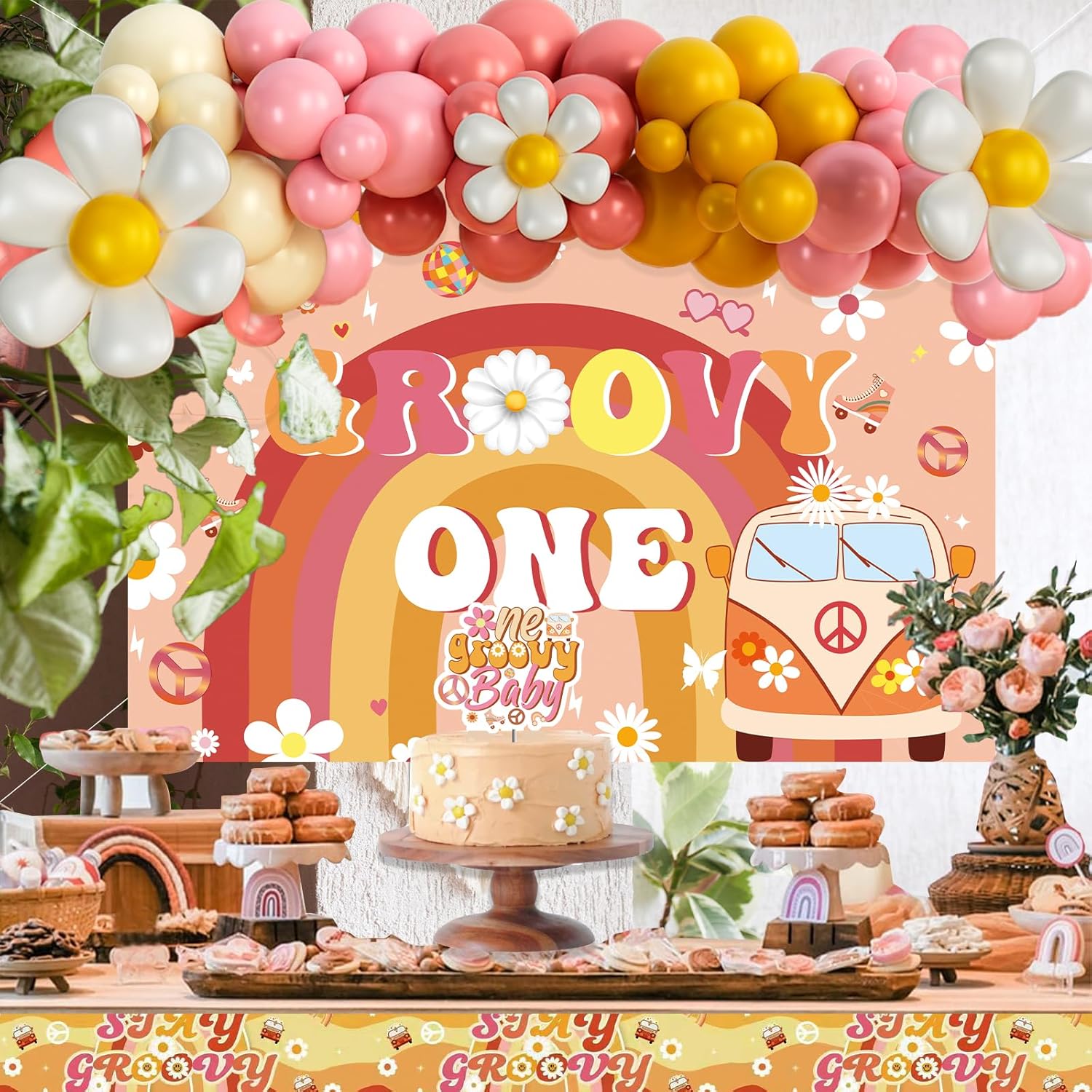 Groovy One Birthday Decorations Girl - First Birthday Decorations for Girl - Hippie Boho Daisy Theme with Backdrop, Balloon Garland, Banner, Cake Topper, Box Cutout, Poster, and Crown