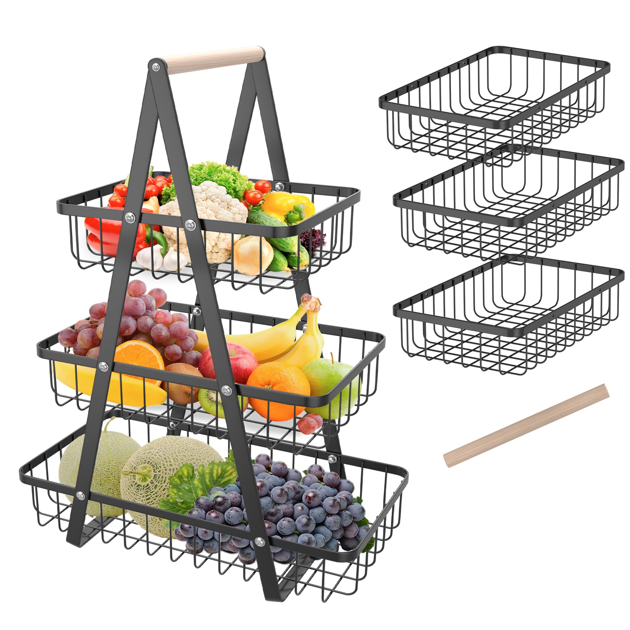 FIVMEN Obstkorb Obstetagere 3 Etagen Schwarz mit Holzgriff und Hohlkorb Metall Abnehmbare Obstschale Brotkorb Obstaufbewahrung für Obst Gemüse Snacks