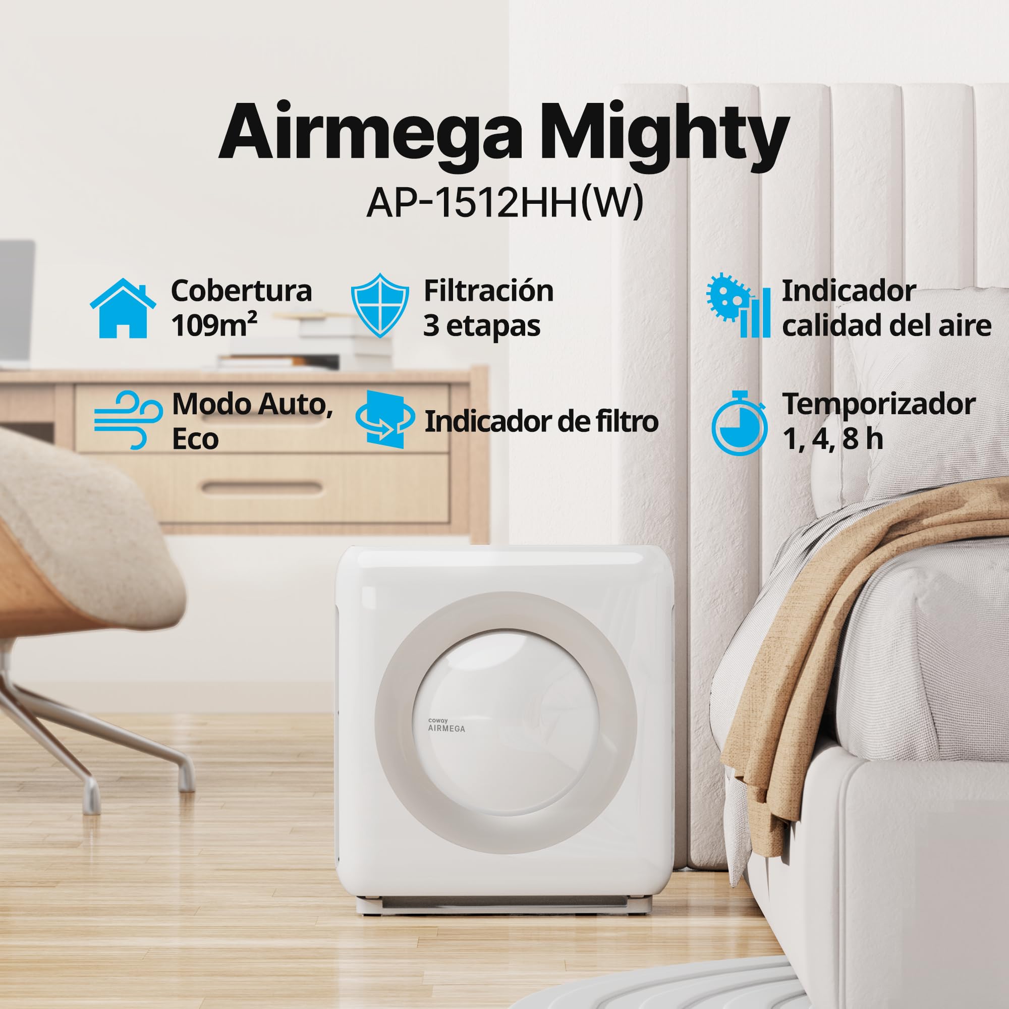 COWAY Purificador de Aire, Filtro HEPA HyperCaptive 99,999%, CADR 421 m³/h, Polvo Sahariano, Calima, Polen, Alergias, Mascotas, Modo Eco, Wirecutter Top Pick 10 Años, AIRMEGA Mighty AP-1512HH, Blanco