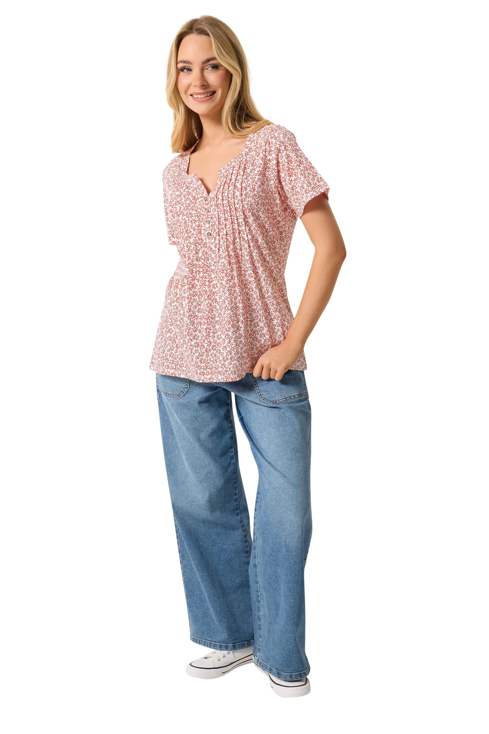 M&Co Women's Red Floral Cotton Henley Top