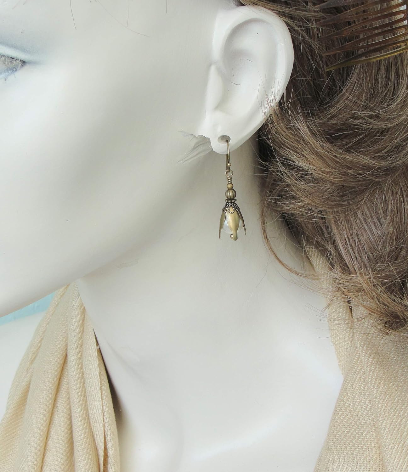 Earrings with Brass Flowers and Cream Manmade Crystal Simulated Pearls
