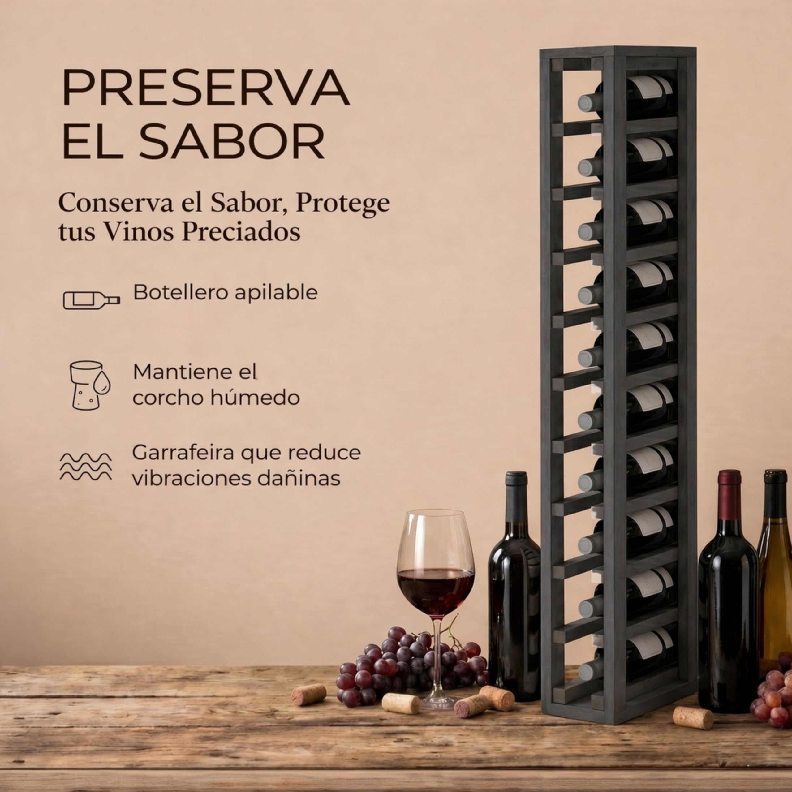 Botellero Vino de Madera Vertical 10 Botellas Pino Negro 105x13x32 cm