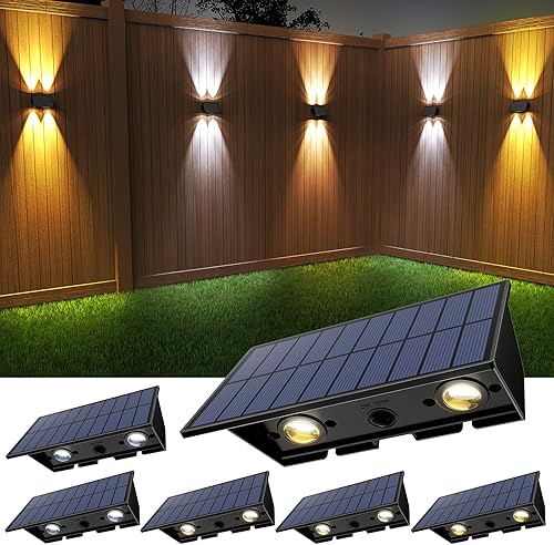Miniatura 23 de Luces solares para valla, paquete de 6 luces solares para exteriores, color blanco cálido + RGB arriba y abajo, impermeables, 100 lúmenes, del