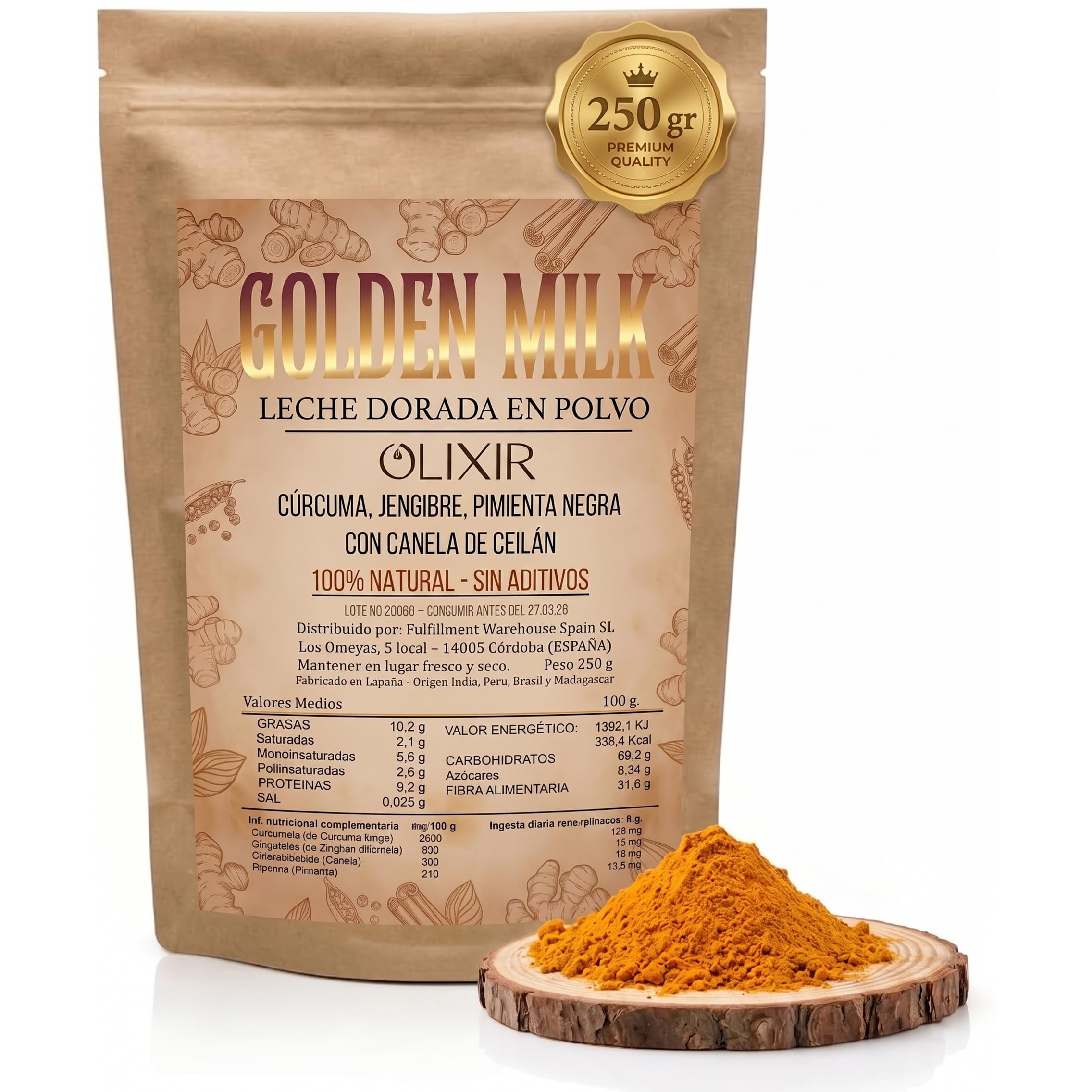 Olixir Leche Dorada Golden Milk - Cúrcuma Latte Vegano en Polvo con Jengibre y Pimienta Negra - 250g
