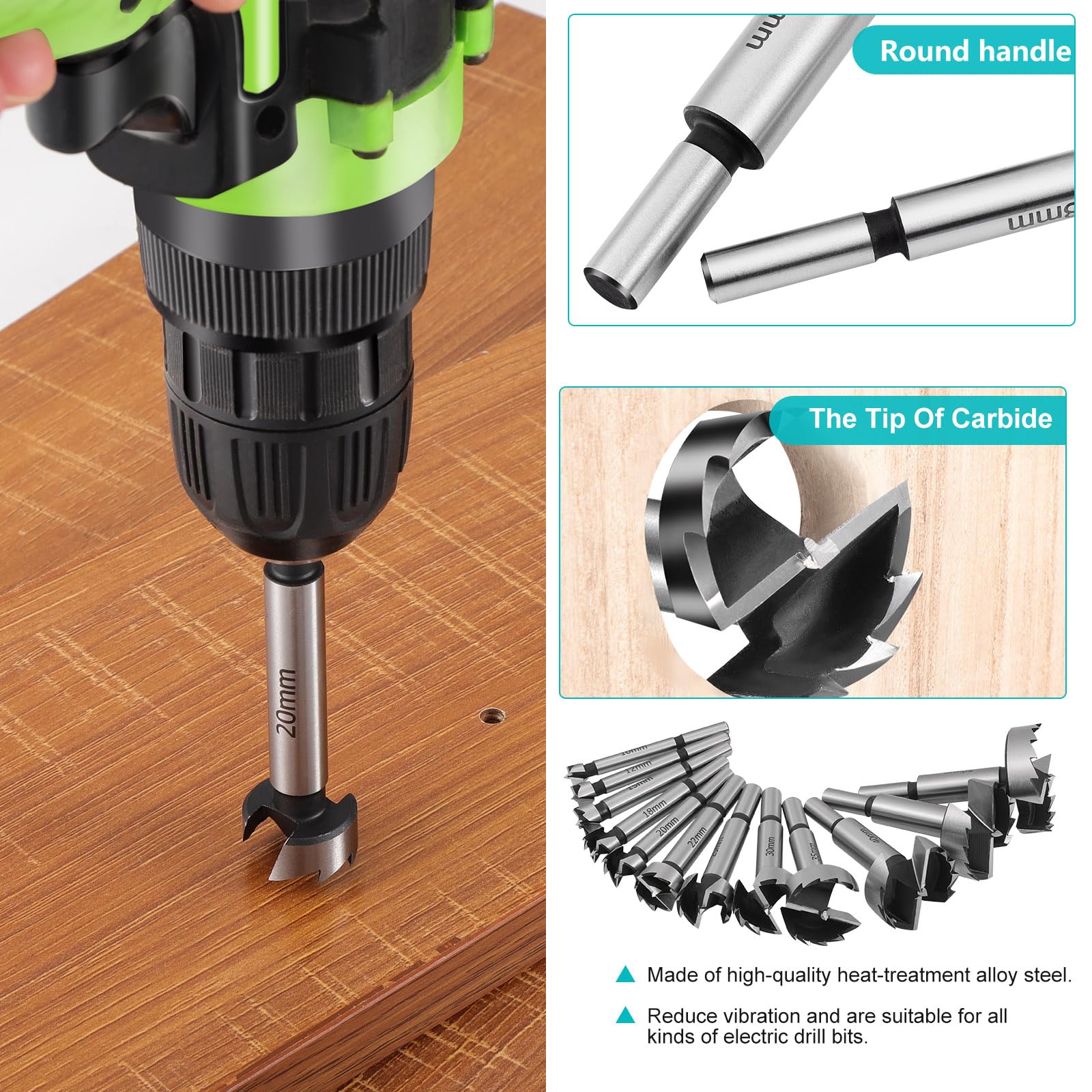 HSEAMALL Set di 12 punte Forstner, per legno, 10-50 mm, per legno