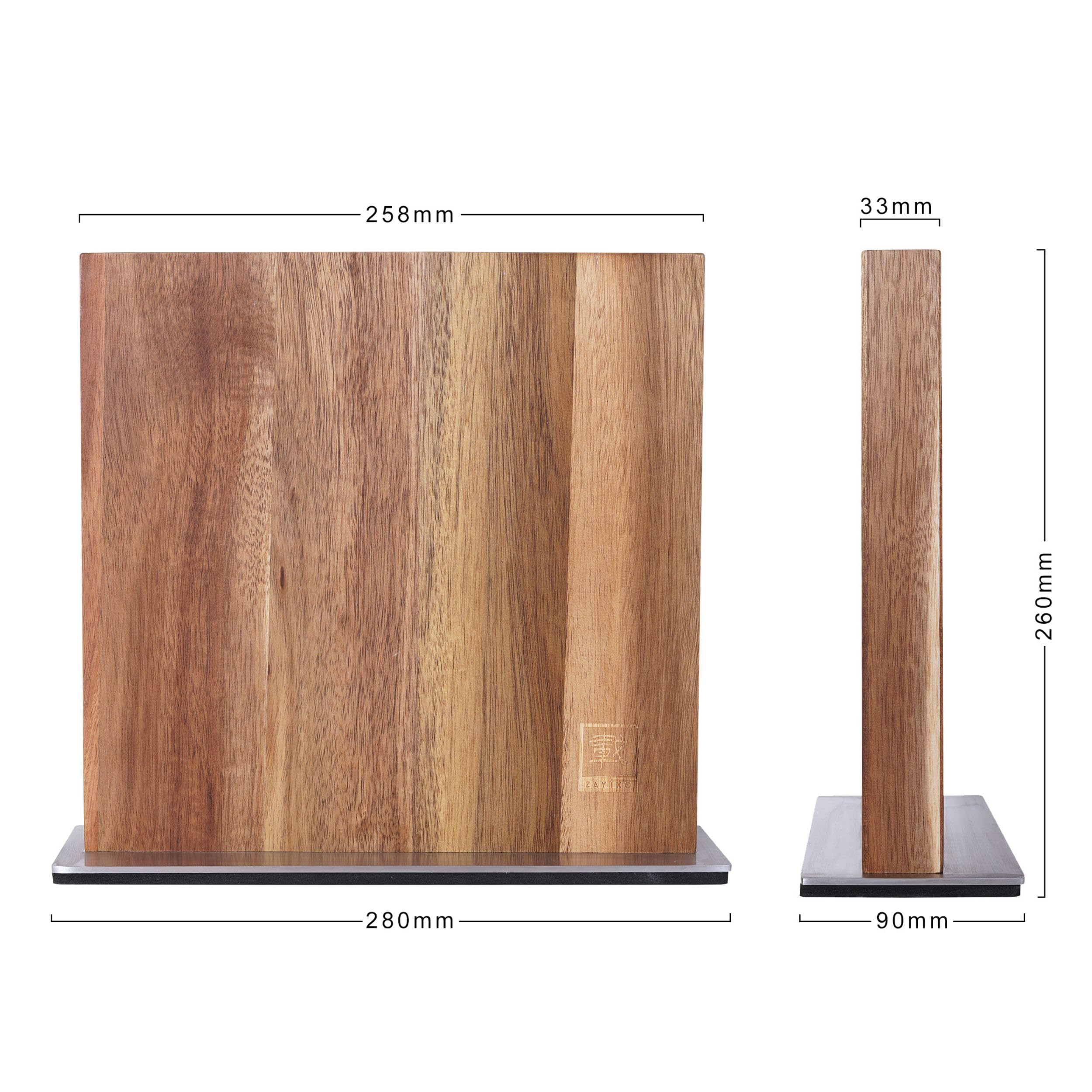 zayiko Magnetyczny blok na noże z drewna akacjowego – obustronnie magnetyczny, miejsce na 8 noży, lite drewno 3,5 cm, mocny magnes, przechowywanie noży o ponadczasowym wzornictwie, blok na noże bez