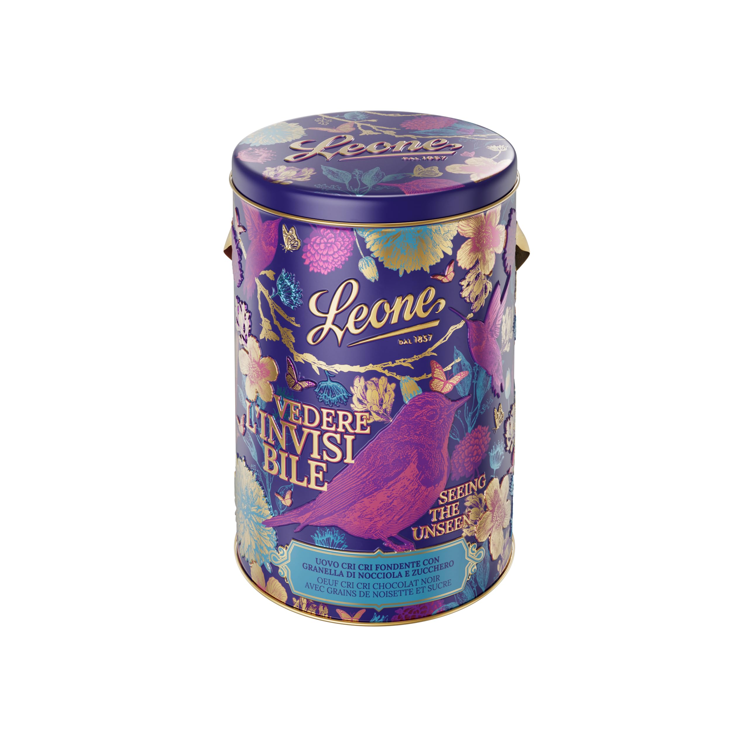 Leone dal 1857 - Uovo di Pasqua Cri Cri - Uovo di Cioccolato Fondente 70% con Granella di Zucchero e Nocciole - in Latta Regalo - Con Sorpresa - Vegano e Senza Glutine - 350g