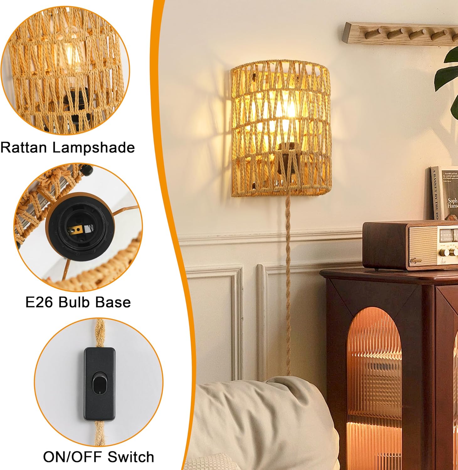 Plug in Wall Sconces, Rattan Sconce Wicker Wall Lamp, Boho Wall Lamp with Plug in Cord, Rustic Boho Light Fixture for Living Room Bedroom Hallway Passway