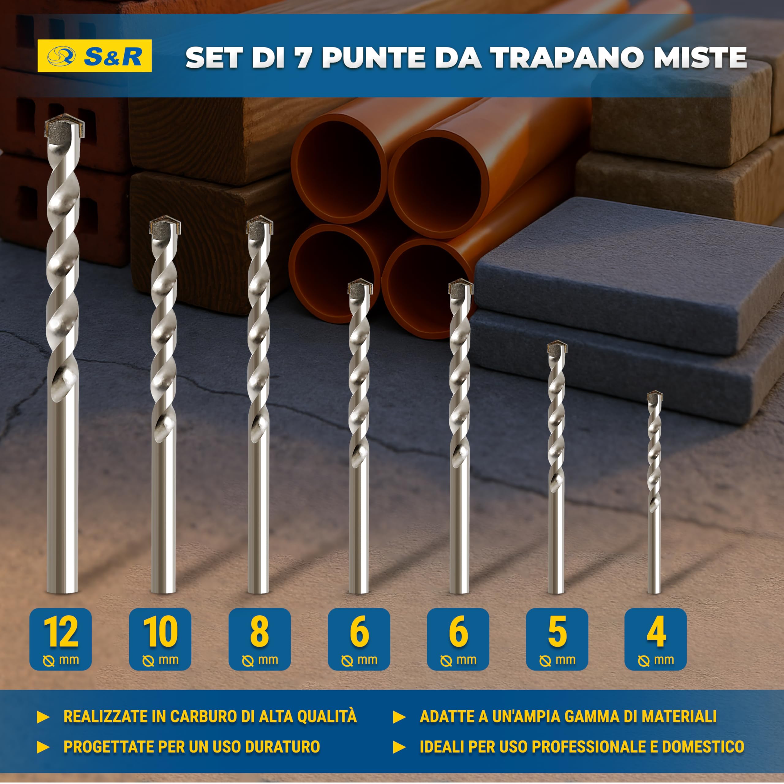 S&R 7 Punte Trapano per Muratura, Muro, Cemento. Set di Punte Miste per Ferro Metallo, Legno, Ceramica. Punte a Percussione con Attacco Rotondo.