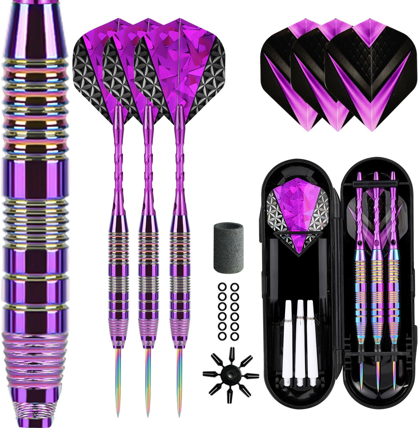 Darts Metal Tip Set 3 Aluminum Shaft Metal Dart Set Professional Darts Steel Tip Sets + Extra 3 Dart Flights 3 Replace Plastic Shafts Beginner or Professional Darts (Light Purple)