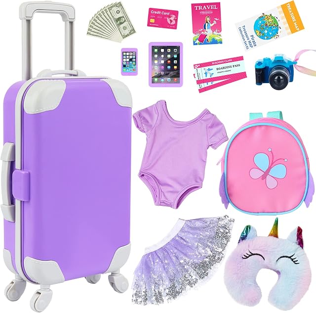 ZITA ELEMENT 23 PCS American 18 Inch Girl Doll Accessories Suitcase Travel Set Included Travel Carrier Clothes Backpack Phone Pillow Passport Tickets Cashes Credit Card Map(Doll&Shoes Are Not Included