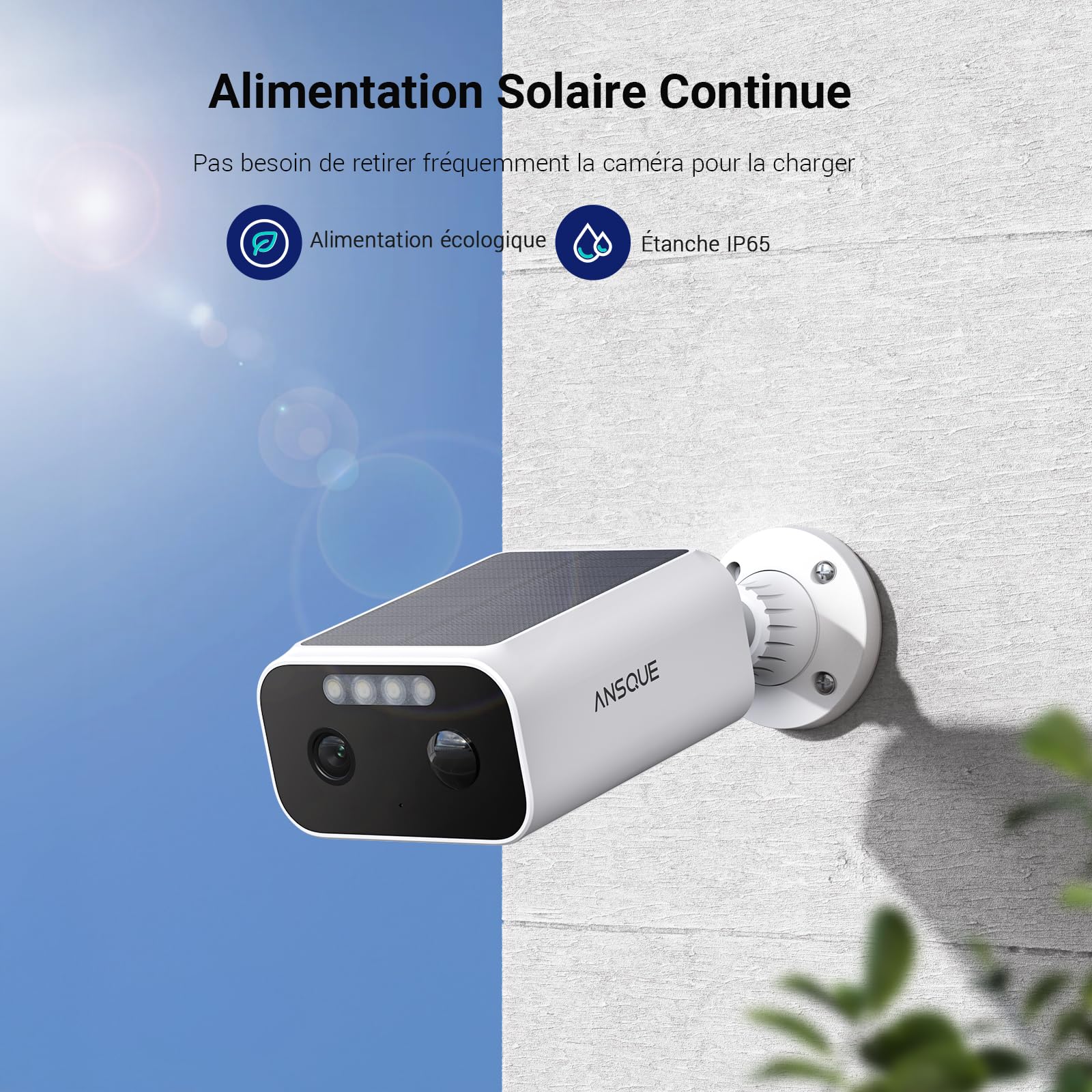 ANSQUE 2K 3MP Camera Surveillance WiFi Exterieure sans Fil Solaire – Batterie 365 Jours, Kit 4 Cam + Home Station, 32 Go Stockage Local sans Abonnement, AI Détection Humaine, Vision Nocturne Couleur