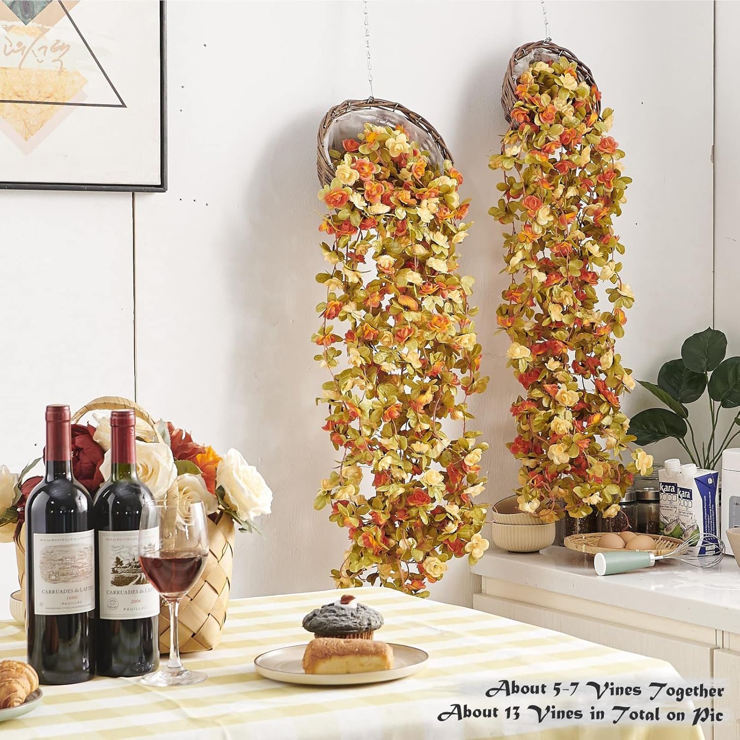 8 Pcs x 8.2 ft Flower Garland Artificial Rose Vine Flowers with Green Leaves Hanging Fake Roses Vine for Room Party Home Wedding Birthday Christmas Wall Arch Decor, Fall Champagne Flower - Image 3