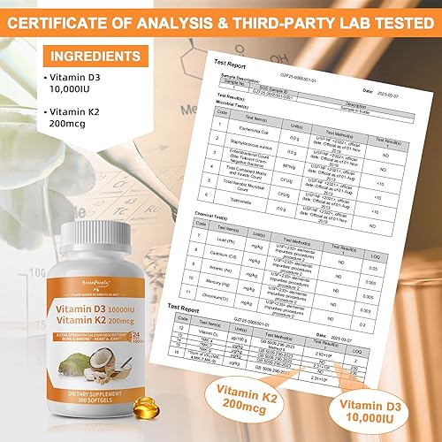 Miniatura 3 de Suplemento de vitamina K2 D3, vitamina D-3 y K-2 MK-7, 10,000 UI200 mcg, con aceite de coco MCT virgen sin OMG  300 cápsulas blandas veganas  Salud