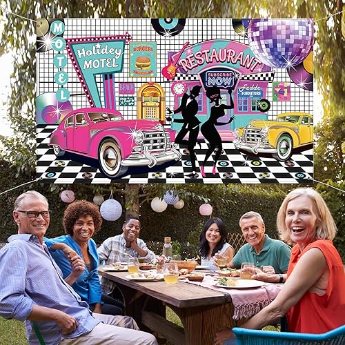 Miniatura 5 de Blulu Telón de fondo de fotos de los años 50, decoración de fiesta temática de rock and roll de los años 50, pancarta de fiesta con música para