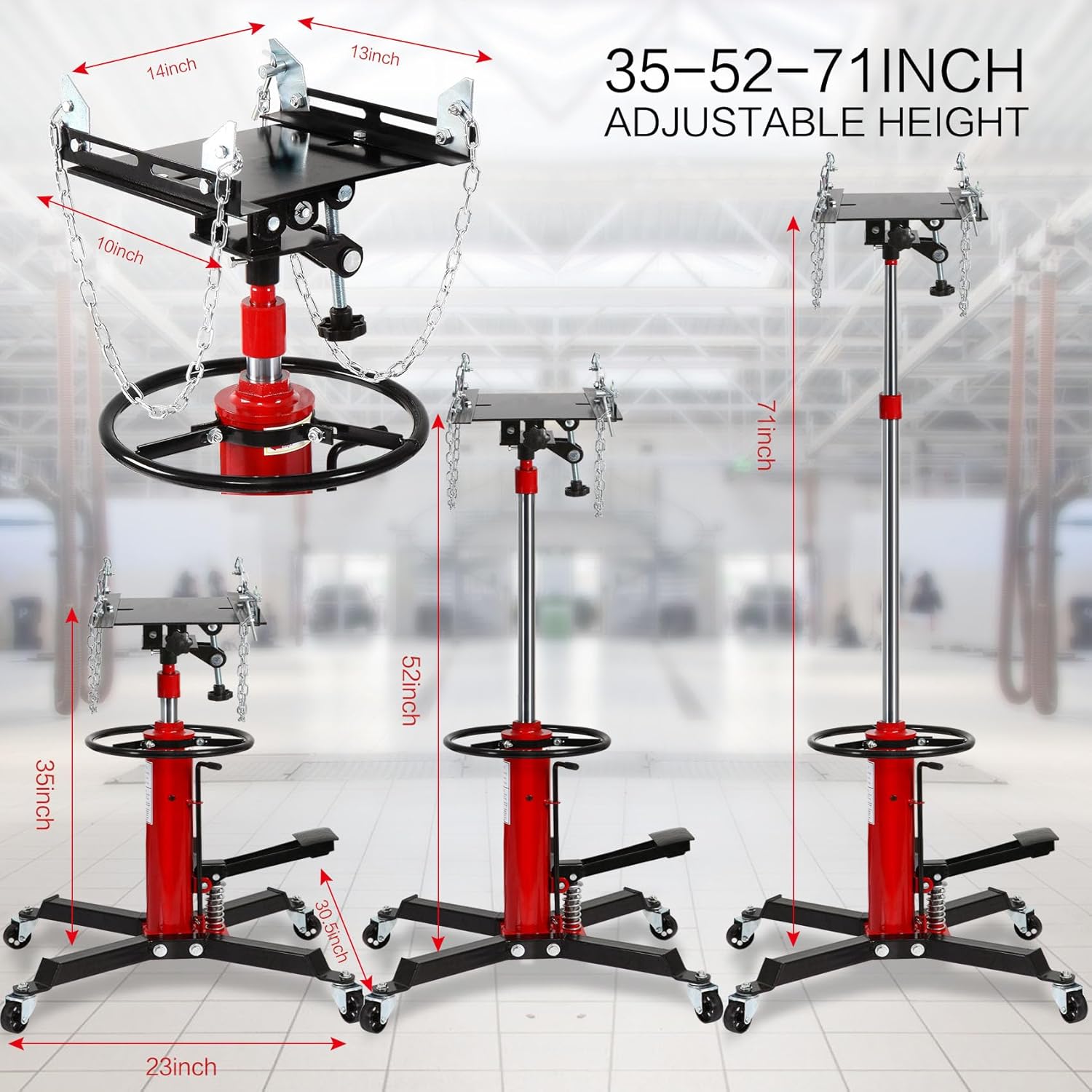 Transmission Jack Heavy Duty Professional Hydraulic Transmission Jack High Lift 2 Stage Adjustable Telescoping 1/2 Ton Capacity Tack Adapter for Floor Jack Car Lift with Foot Pedal, Red