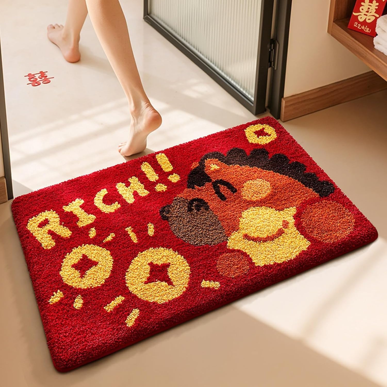 WOMGKDA Soft Flannel Bath Mat 40x60cm Non Slip Red Gold, Super Absorbent Bathroom Rug with Washable Non-Slip Bottom for Shower Floor, 40×60cm, 40×60cm
