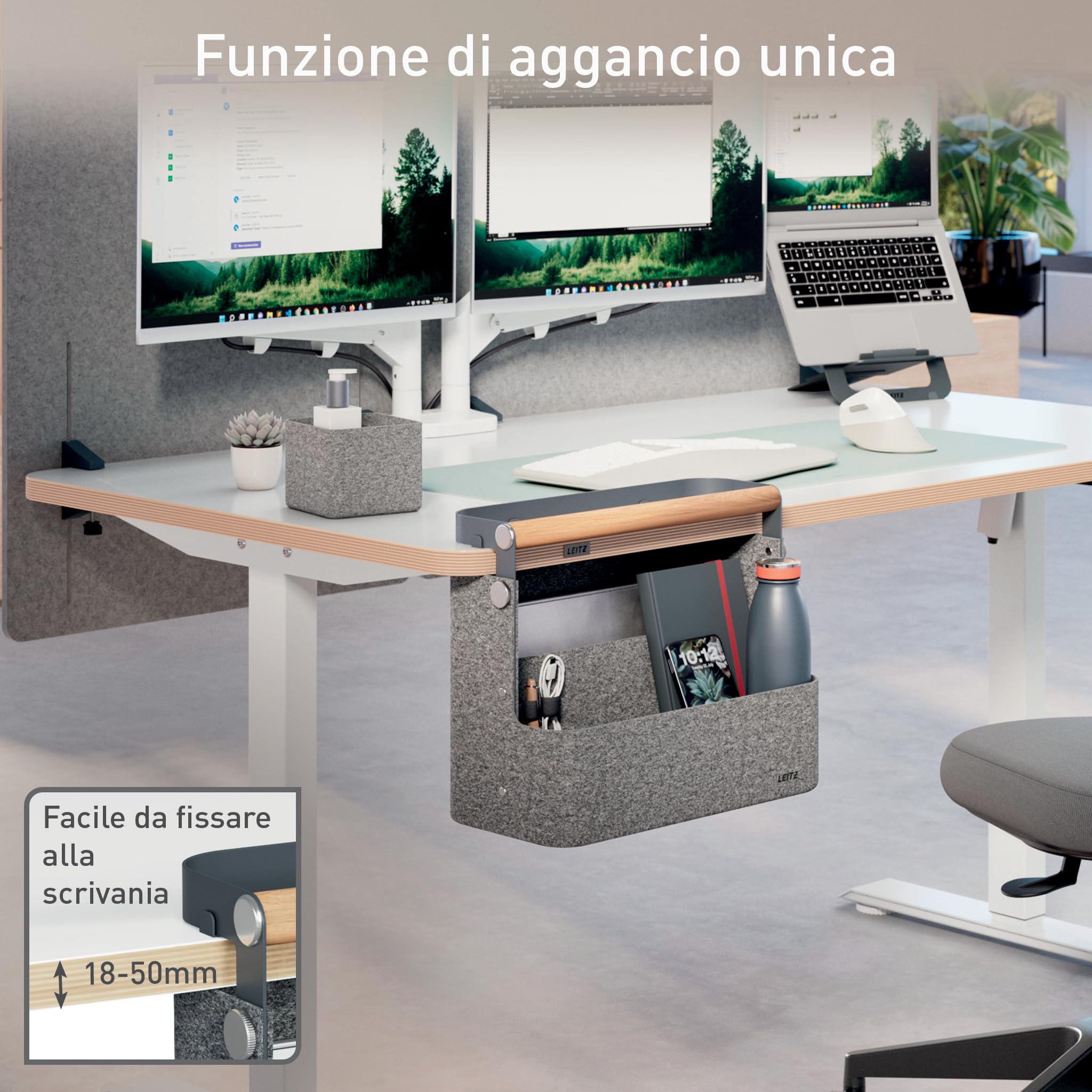 Leitz Organizer da Scrivania Portatile con Manico - Organizer per Hot Desk con Funzione Appendibile, Manico in Legno, Vassoio Interno Rimovibile e Porta Oggetti Elastici - 38 x 19 x 30-33cm