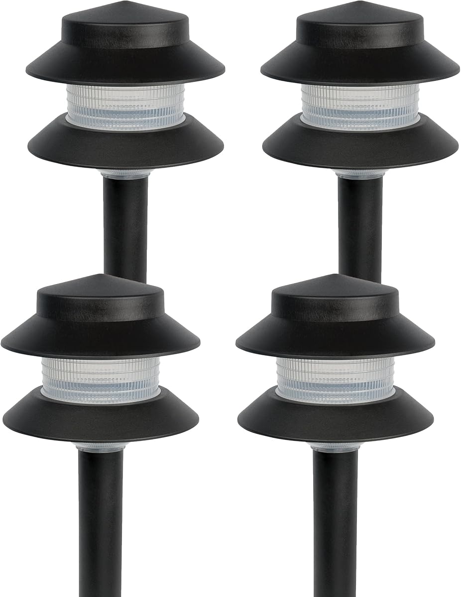 Paradise Low Voltage Landscape Pathway Lights - 2 Tier Outdoor Garden Lights - Easy, Simple Installation - Walkway, Lawn, Landscape Lighting (Black, 4 Pack)