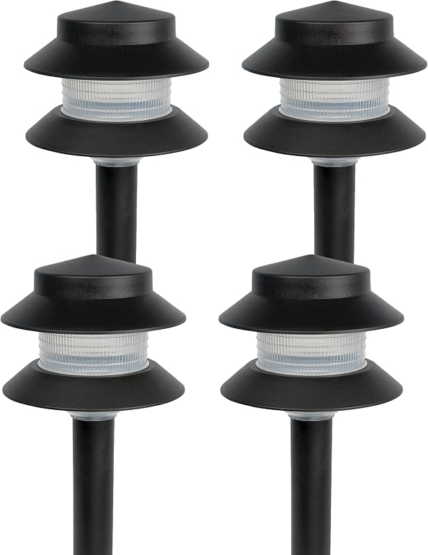 Paradise Low Voltage Landscape Pathway Lights - 2 Tier Outdoor Garden Lights - Easy, Simple Installation - Walkway, Lawn, Landscape Lighting (Black, 4 Pack)