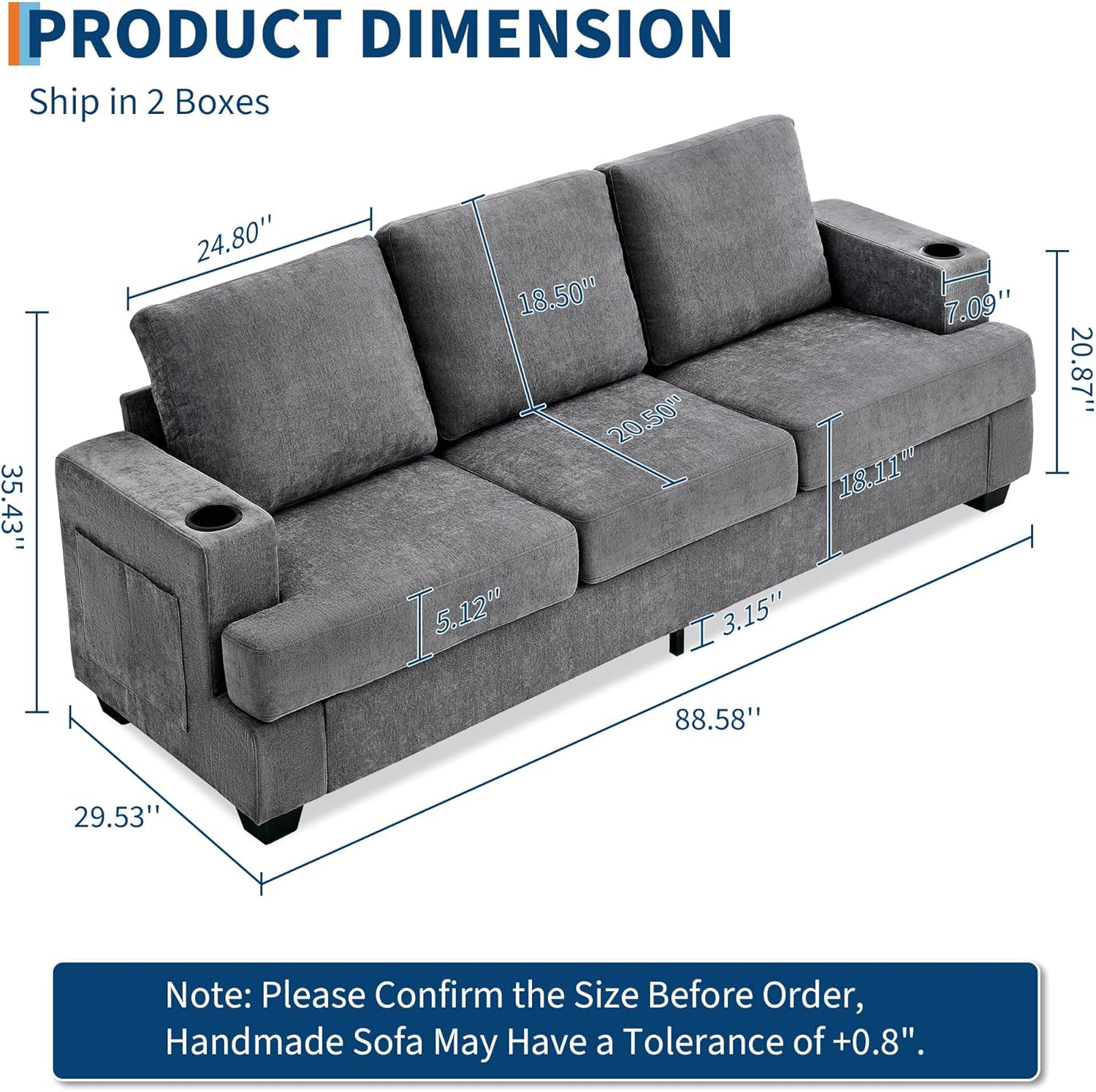 garveehome modern 89 in 3-seater sofa for living room, comfy couches with deep seat, chenille couch with cup holders and side storage pockets for apartment lounge, grey