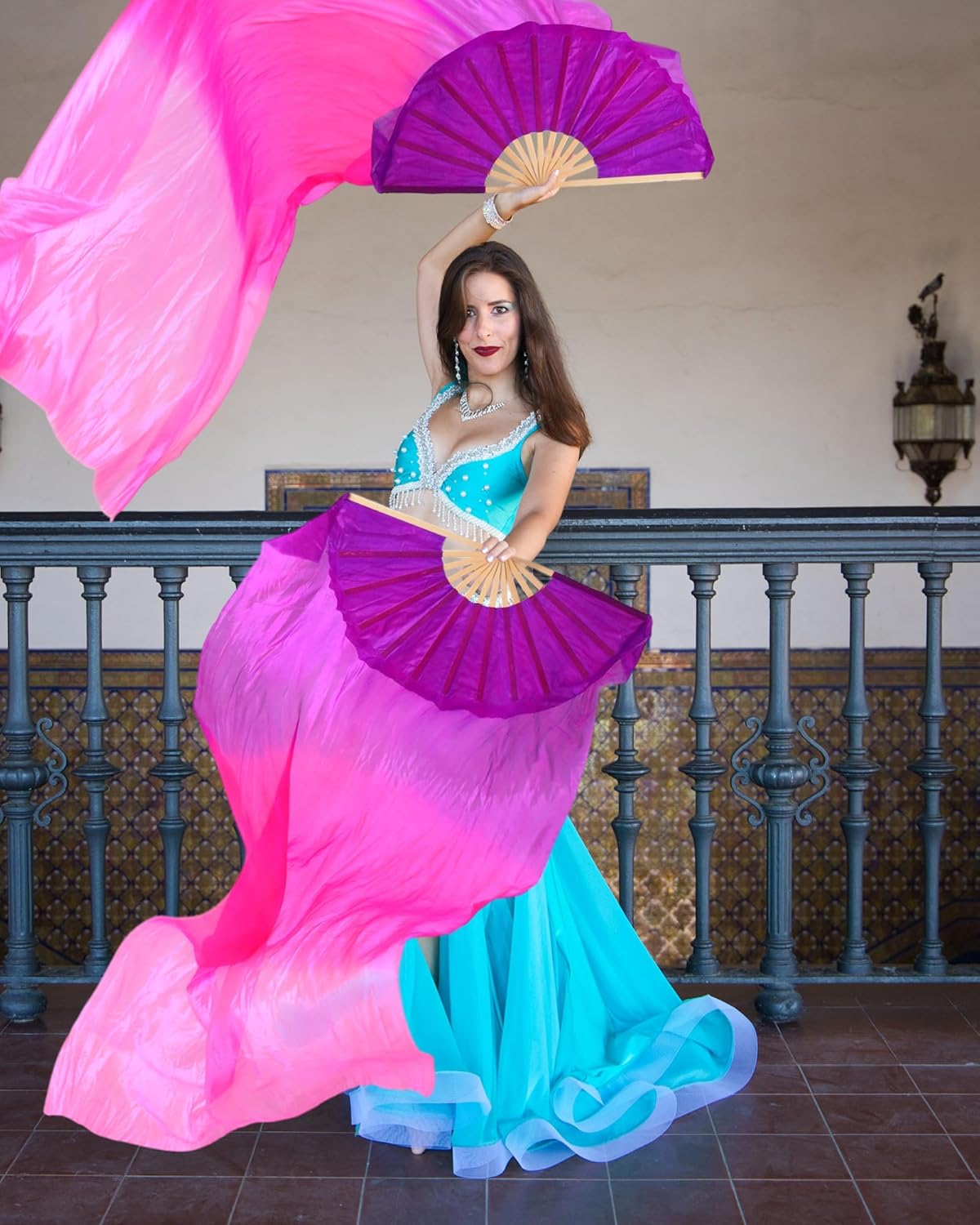 Thyle 4 Pairs 1.8 M Silk Fans Women Veils Belly Dance Fan, National Long Bamboo Fan Colors Artificial Silk Fans for Dancer Right Left Hand, 4 Styles