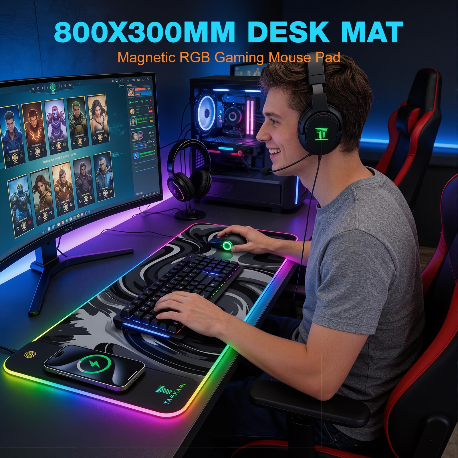 TARKARI Tappetino per mouse RGB con ricarica wireless magnetica, grande, impermeabile, 80 x 40 cm, superficie ultra liscia, base in gomma antiscivolo, tappetino da scrivania per tastiera e laptop