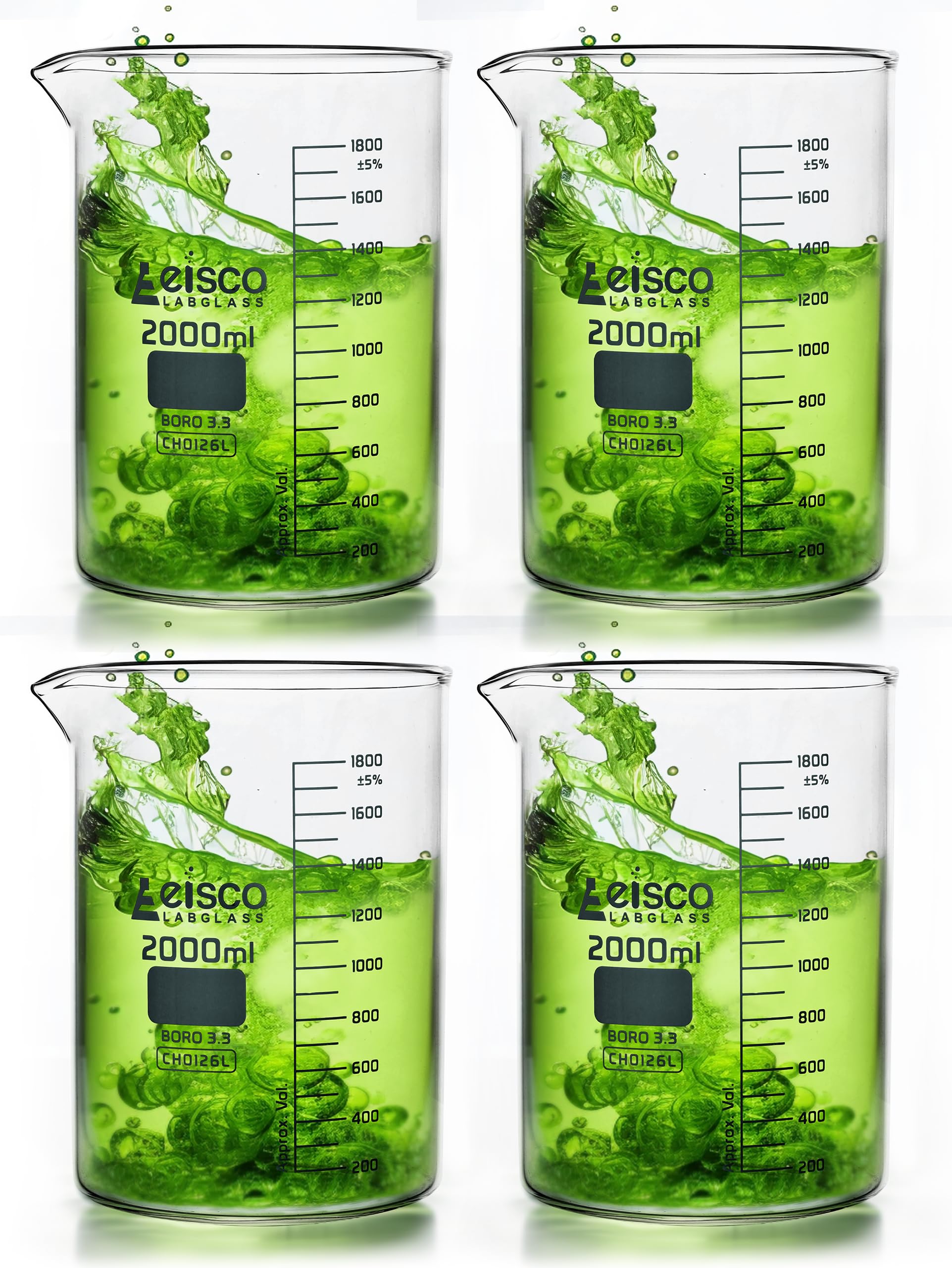 Juego de 4 vasos, 2000 ml, vidrio de borosilicato, graduaciones blancas, forma baja, laboratorios Eisco