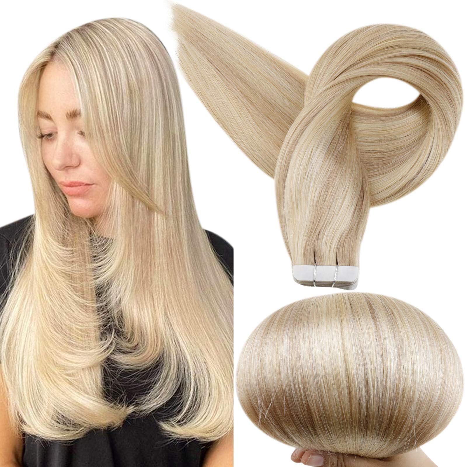 Full ShineTape in Hair Extensions 20 Inch Tape in Human Hair Remy Hair Tape in Extensions Color 16/22 Golden Blonde Highlighted Light Blonde Hair Extensions 50 Gram 20pcs Seamless Skin Weft Hair