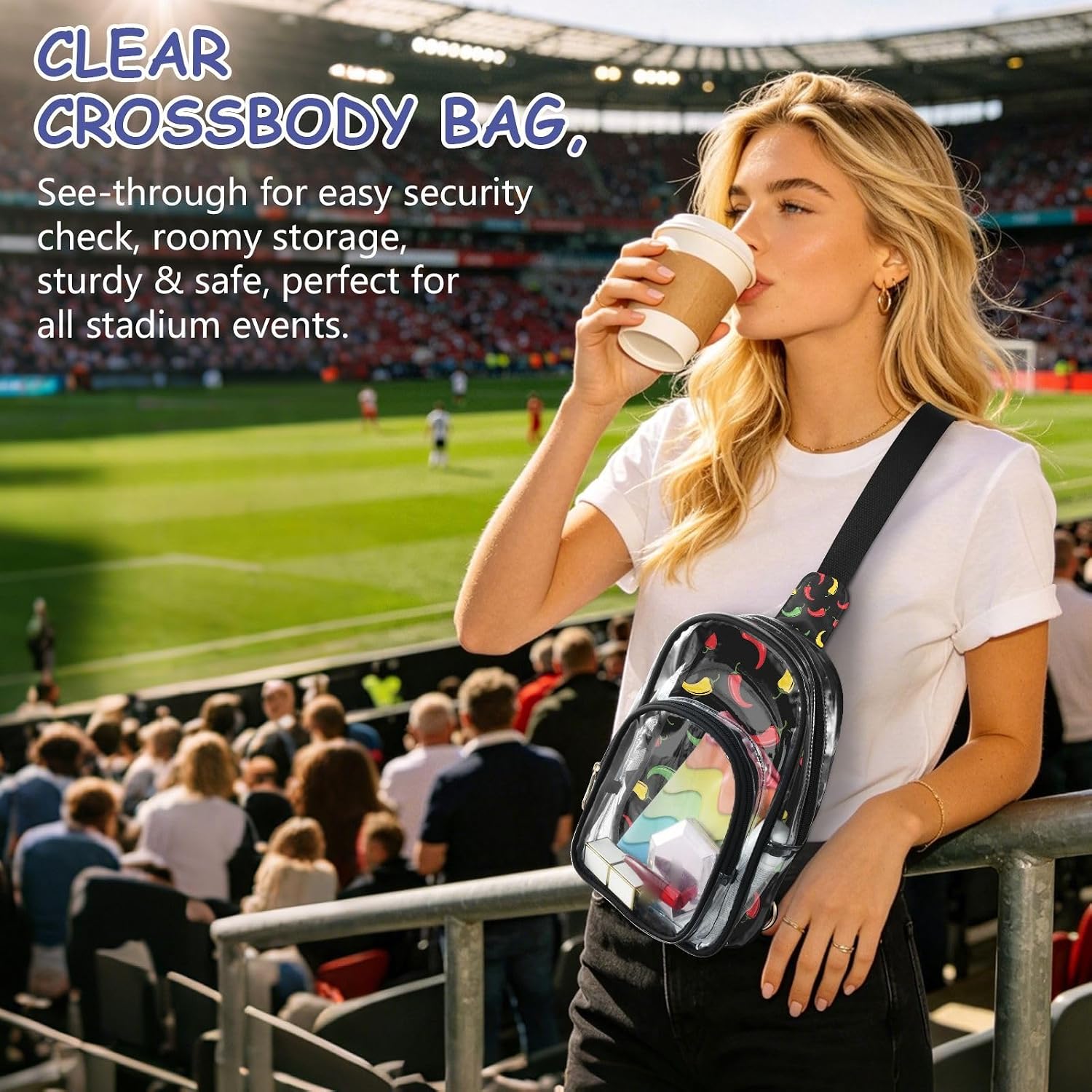 Sinestour Chili Pepper Black print Clear Crossbody Bag Stadium Approved, Small Clear Purse for Women, Transparent See Through Sling Backpack for Sports Events Travel Concerts