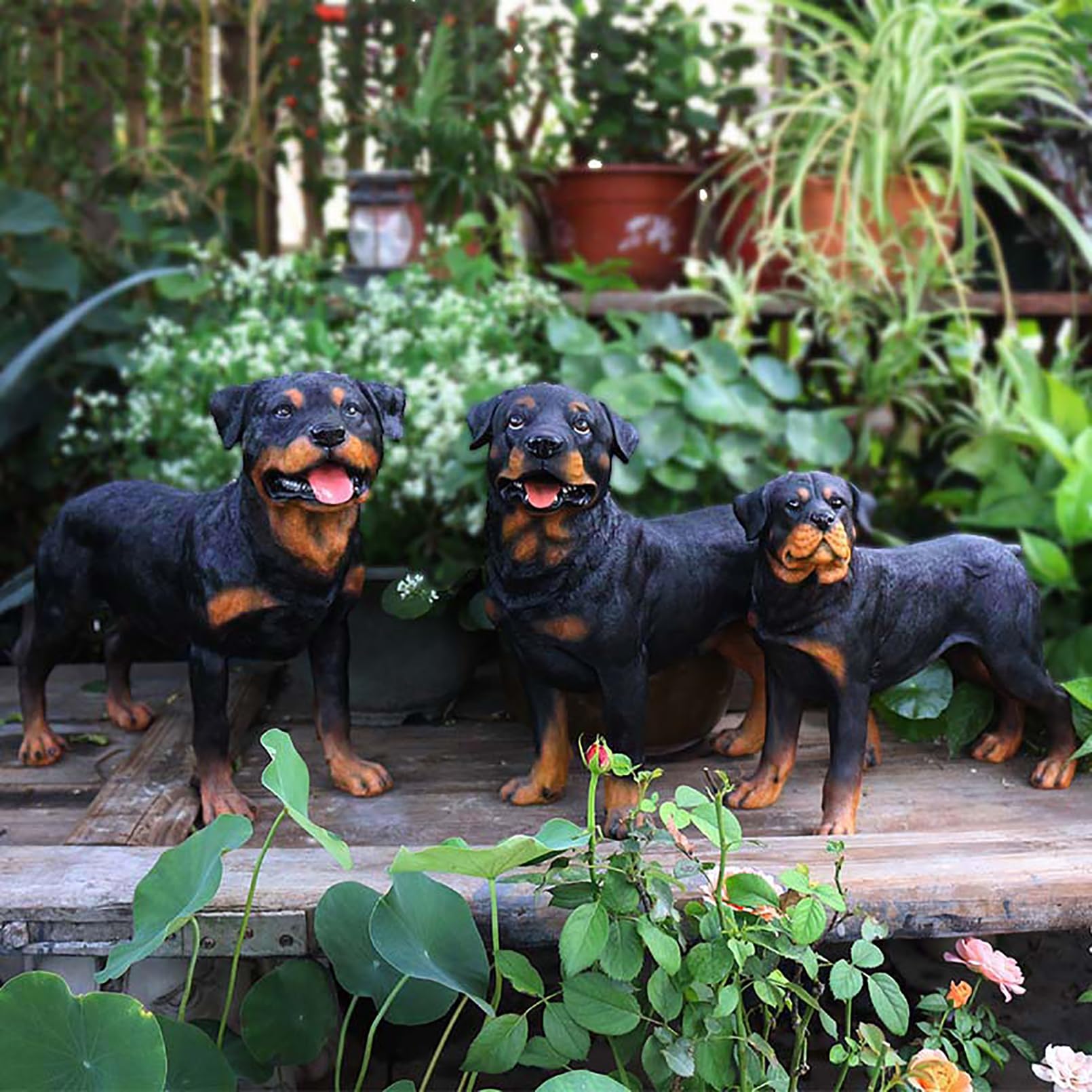 Gartenfiguren für draußen wetterfest Groß Rottweiler Gartenstatue aus Harz Gartendeko für draußen für Terrasse Balkon Hof Rasen,Geschenke für Gartenliebhaber