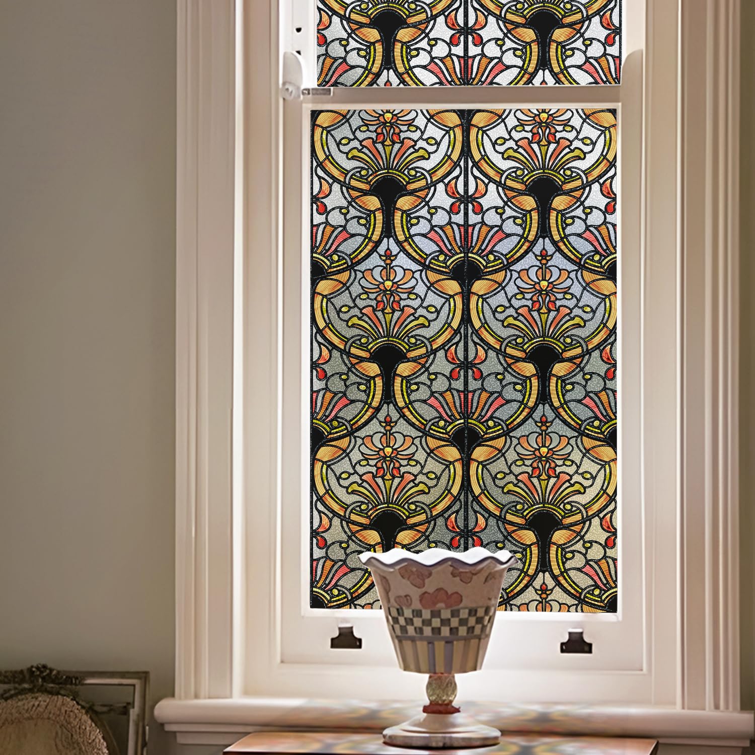 ChicSkin 3D Original Hand Drawn Stained Glass Window Film, amber tracery double-sided Decorative Window Film Privacy Vintage, Static Cling Glass Decoration for Living room Bedroom Kitchen 28X180CM โ image 1