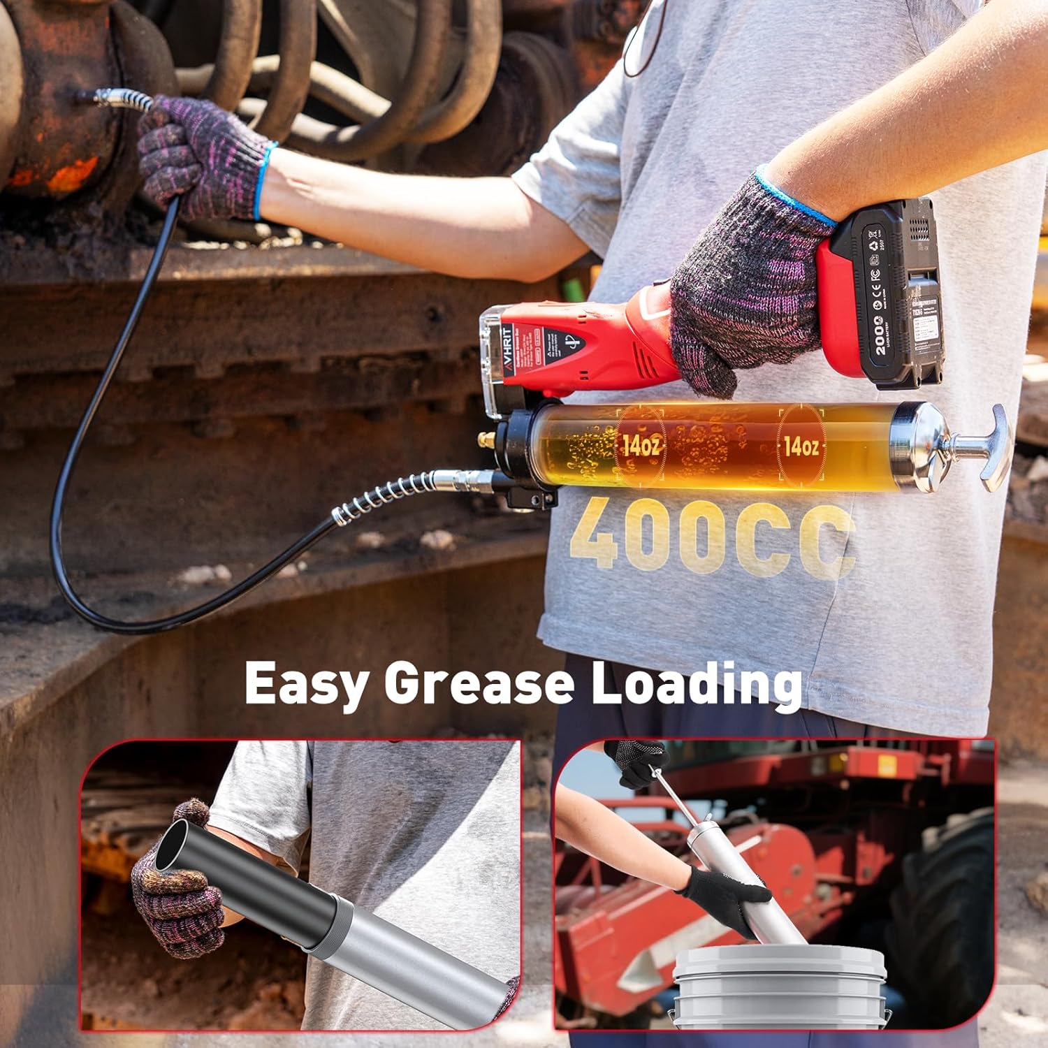 2-in-1 Electric Grease Gun: Powerful 10000 PSI Battery Powered Grease Gun Cordless Kit with 2 Batteries, Quick-Release Coupler & 39.4" Long Hose, 14oz Capacity for Heavy Duty Equipment